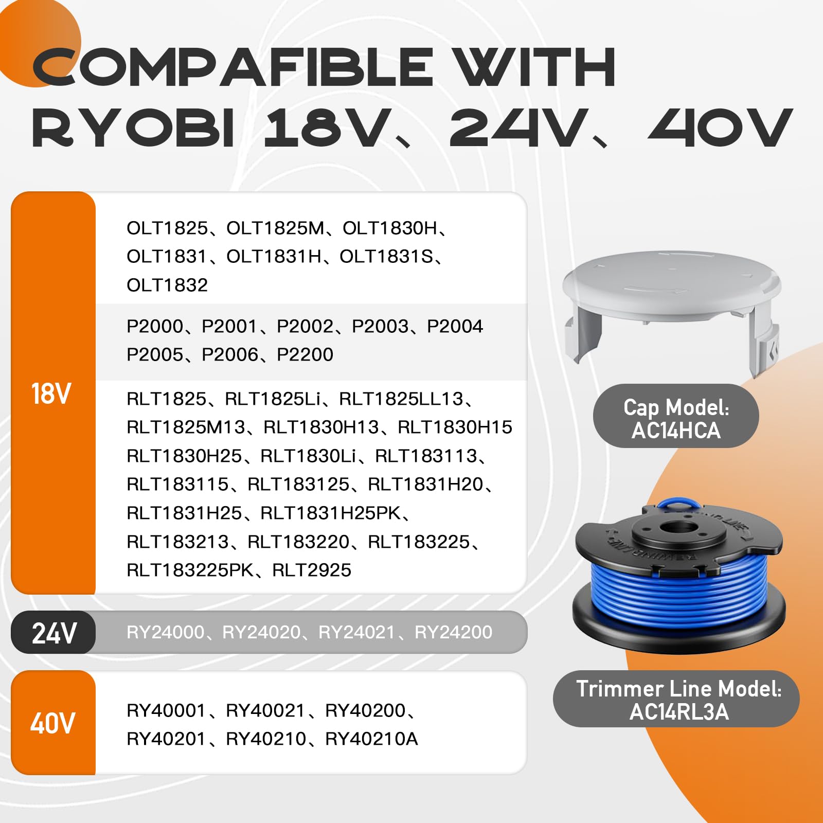 AC14RL3A Kompatibel mit Ryobi 18 V, 24 V, 40 V schnurlosen Trimmern und AC14HCA Abdeckkappe, Ersatz-Saitenspule Ryobi One Plus+ Unkrautvernichter, automatische Zufuhr, Nachfüllschnur, 3,4 m, 0,2 cm, 3