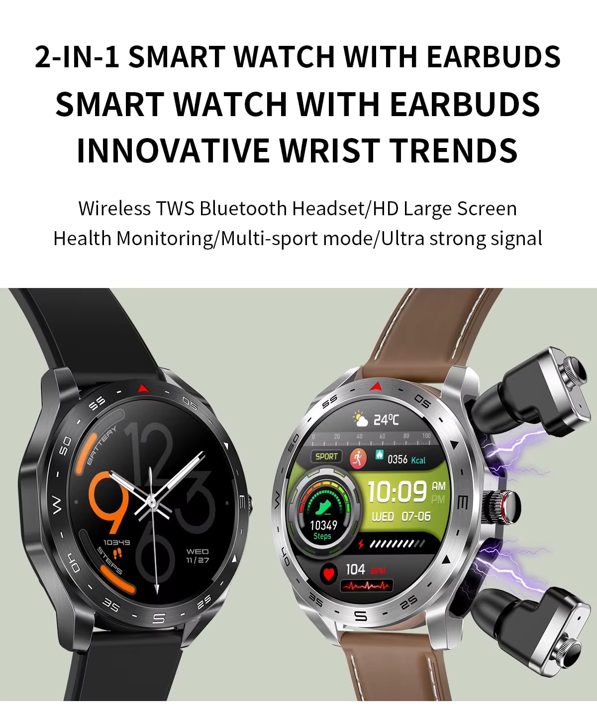 SAAVIQ Health Monitoring Smart Watch with Wireless Earbuds, 2-in-1 Bluetooth Calling Smartwatch, 1.52 Inch Display, IP67 Waterproof, Sleep & Fitness Tracking for Men and Women (Brown)