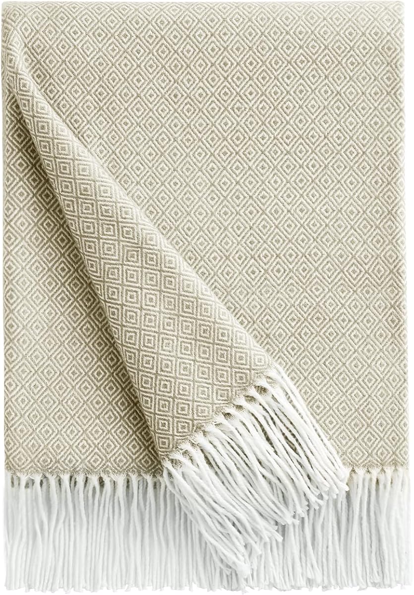 BOURINA Beige Throw Blanket Soft Rhombus Throw Outdoor Blanket 50"x 60" | Soft faux cashmere throw blanket with elegant fringe design, lightweight warmth and cozy comfort for sofa, bed, or outdoor.