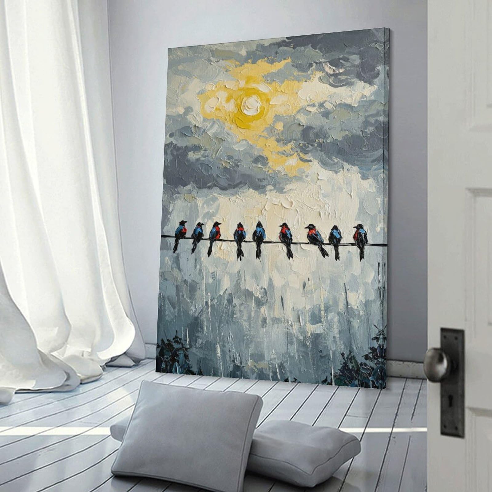 Junmoney Frame-Style-23 Decorative Wall Artwork Birds On A Wire Painting, 24X36inch(60X90cm), For New Homes, Bedrooms Or Workspaces, Canvas Artwork With Gifting Potential