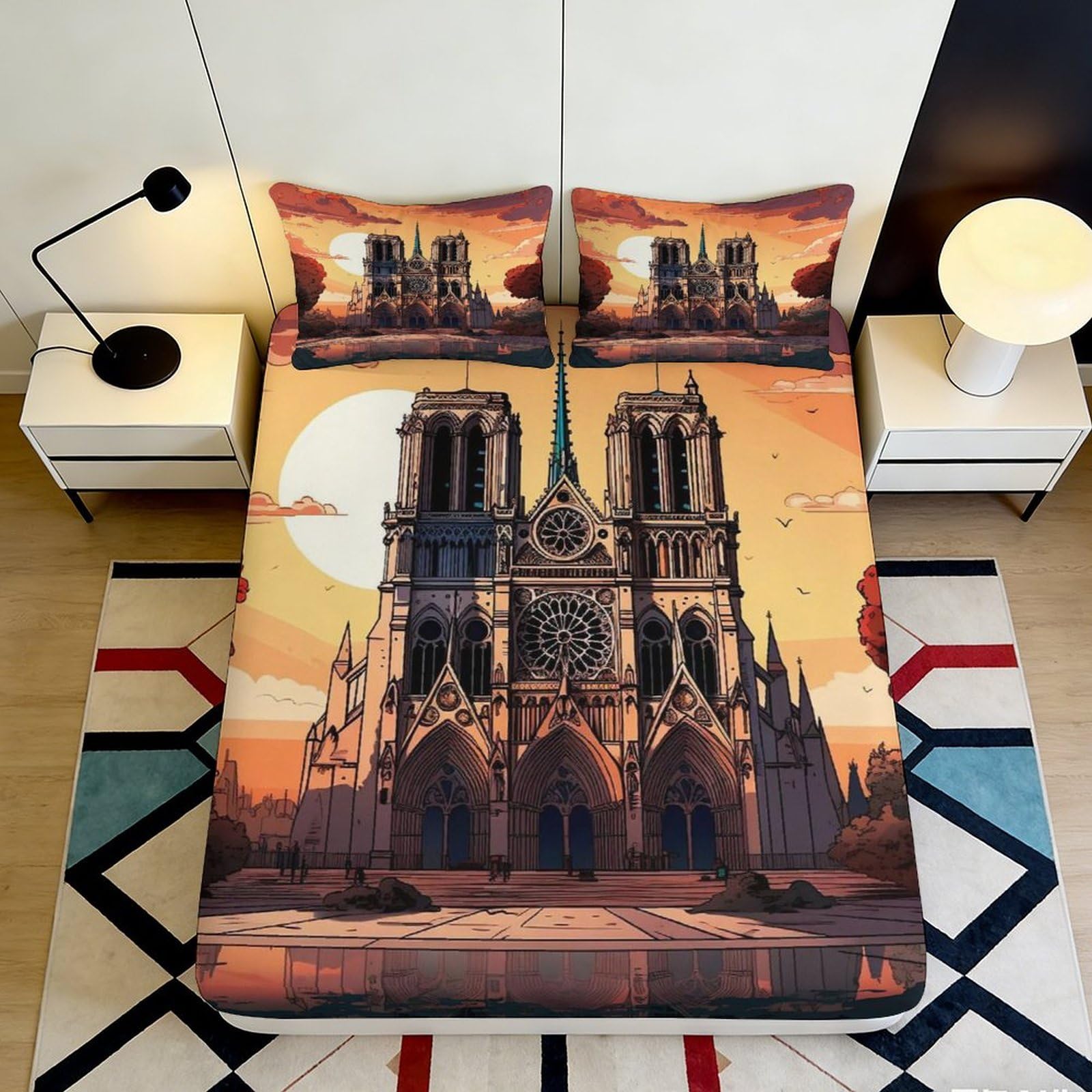 3D Printed Notre Dame Cathedral Fitted Sheet Microfiber Soft Orange Sunset Bed Cover for Bedroom Dorm Room Decor 90x200x25cm