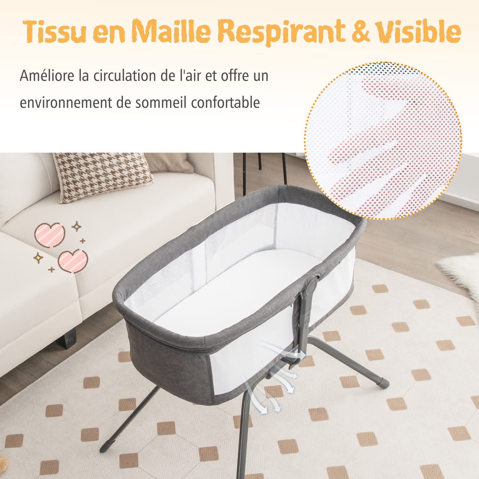 DREAMADE Berceau Cododo Bébé 92x63x74CM avec Matelas Lit Parapluie Bébé 0-6 Mois avec Angle Réglable,Filet de Ventilation Lit d’Appoint Nourrissons Charge 9 KG (Gris)