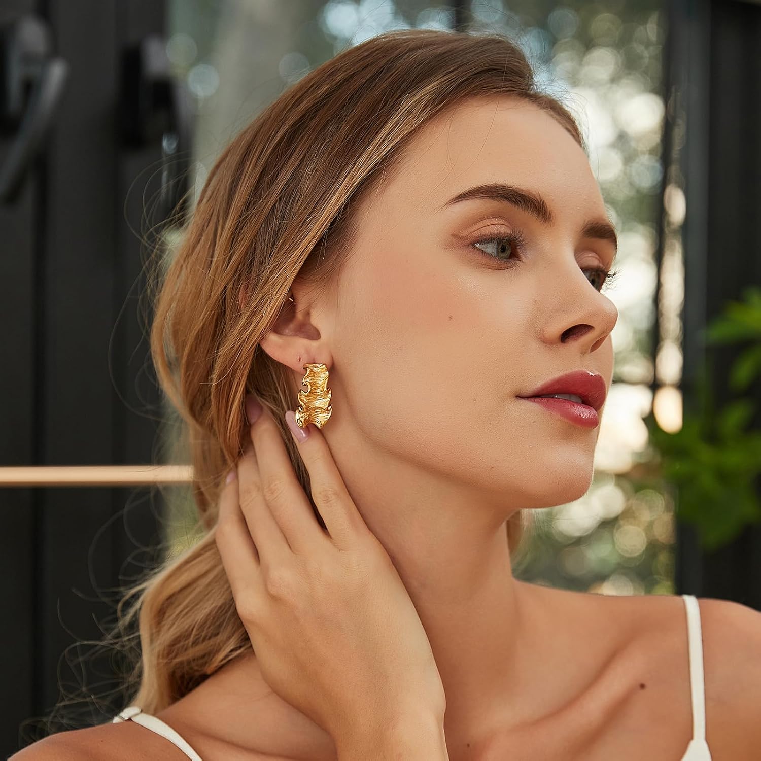 14K Gold Flower Earring for Women Geometric Chunky Leaf Drop Dangle Earrings Statement Twisted Stud Earring Fashion Jewelry Gifts - Image 3