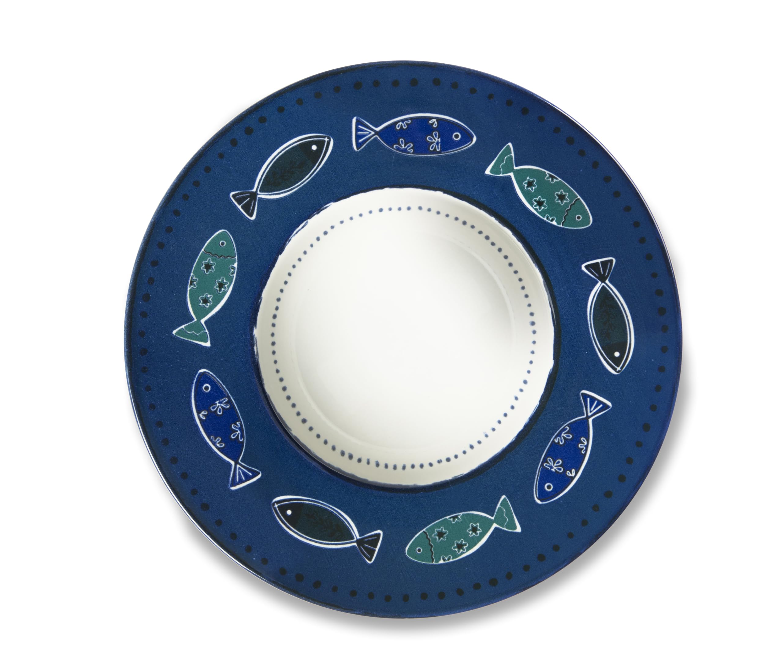 Excelsa Ocean Lot de 6 assiettes creuses en céramique avec motif poissons, bleu et blanc