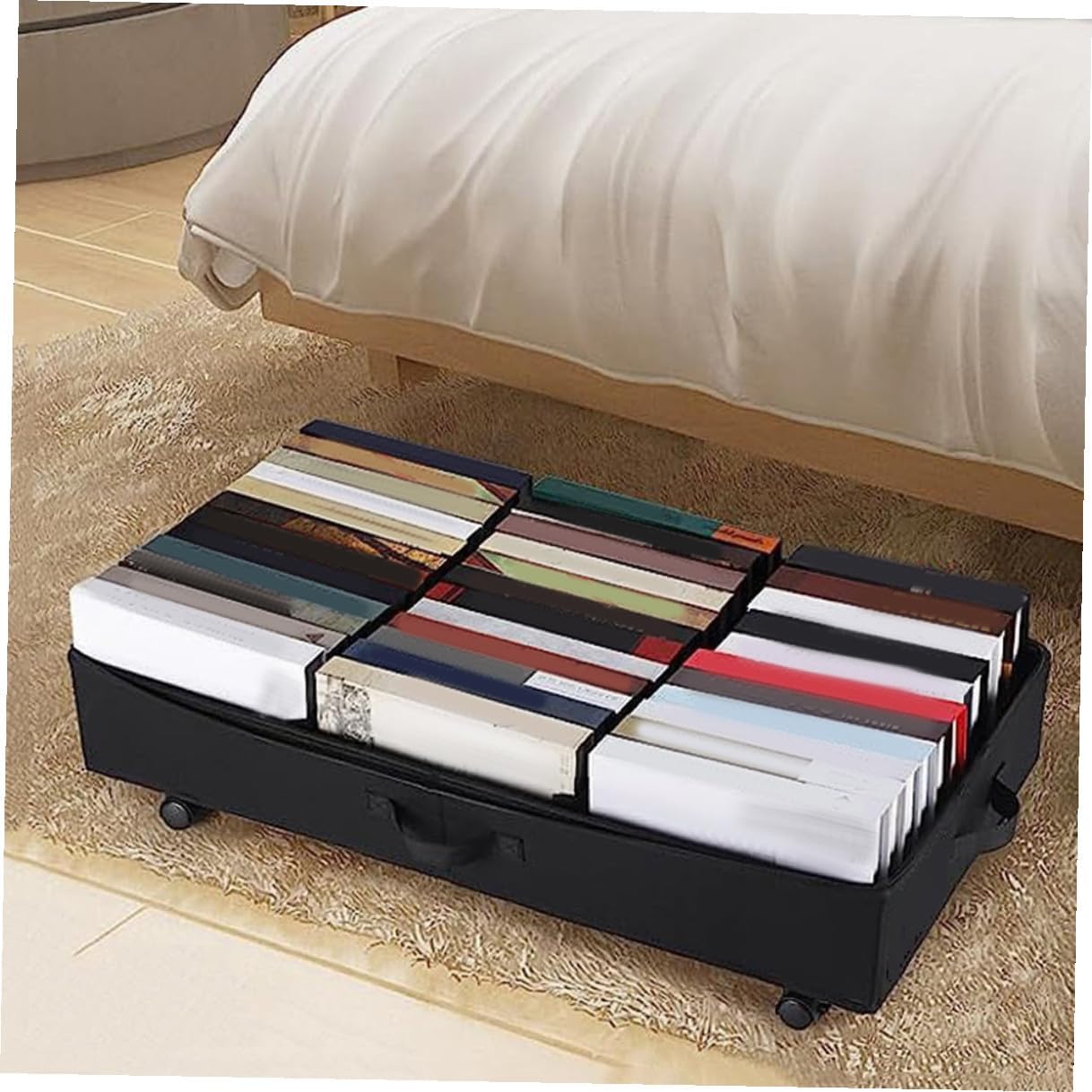 -bed Storage Organizer Bin with Wheels Oxford Fabric 3-compartment Large Capacity Clothes and Storage Container for Bedroom Clothes and Quilts