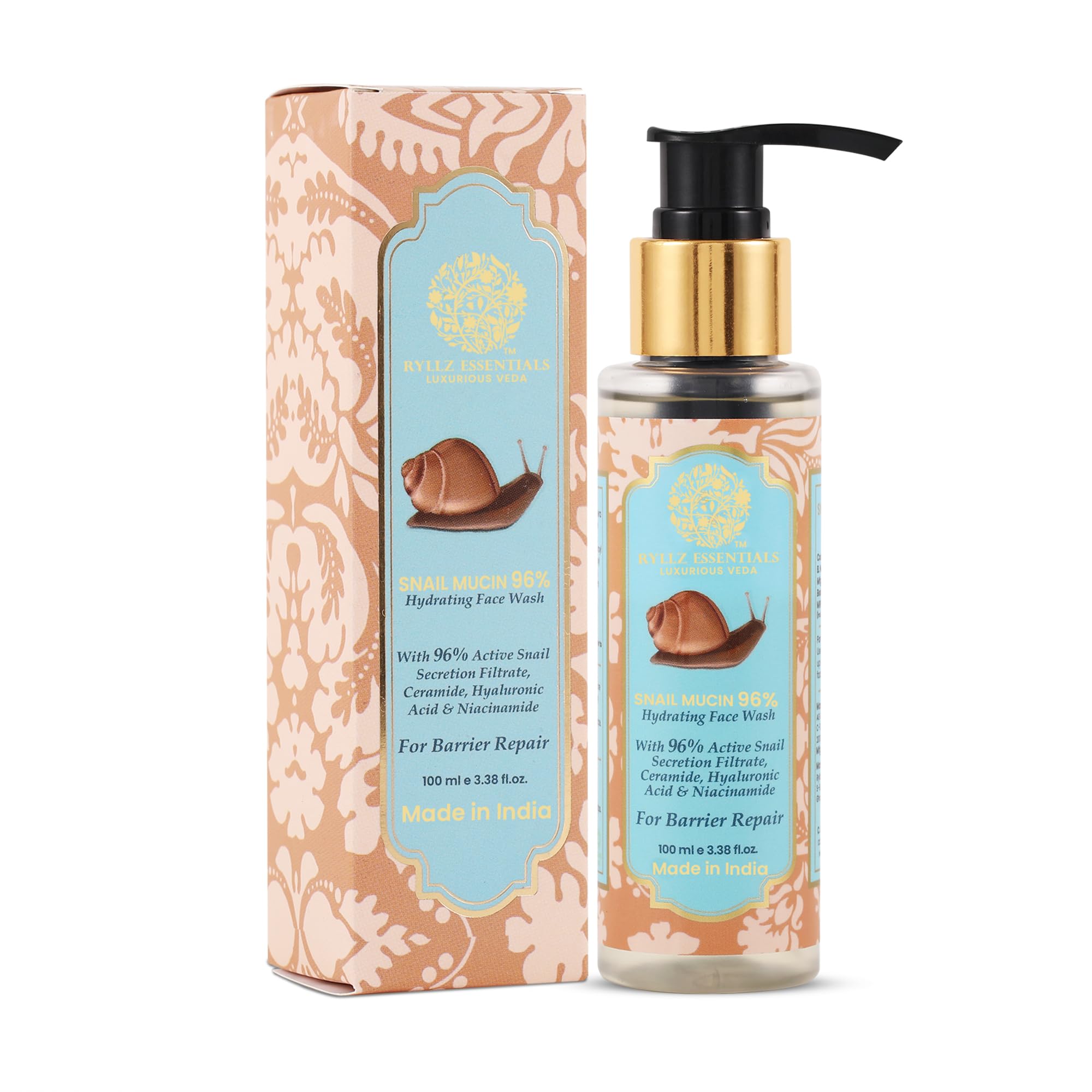 RYLLZ ESSENTIALS Snail Mucin Face Wash | 96% Snail Secretion Filtrate | Low pH Gel Cleanser | with Hyaluronic Acid, Ceramide, Niacinamide, Vitamin C & Alpha Arbutin | for Intense Hydration, Barrier