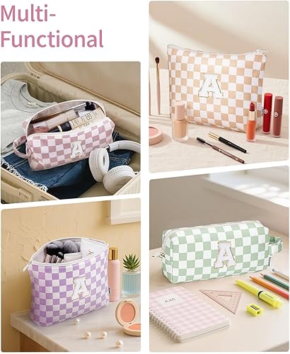 Miniatura 6 de Narwey Bolsas de maquillaje personalizadas con iniciales a cuadros, 2 piezas, bolsas de cosméticos, 6, 8, 10, 11, 12, 13, 14, 16, 18 años, regalos