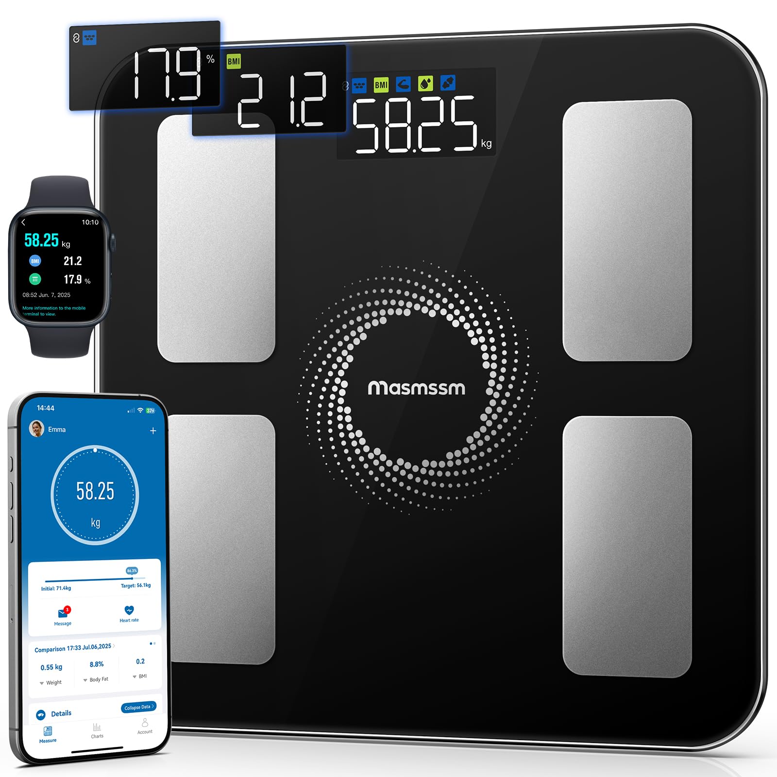 Bilancia Pesapersone Digitale Intelligente, Bilancia Impedenziometrica con Schermo a Colori 6-in-1 Scorrevole, 20 Indicatori, Grasso Corporeo e BMI, Compatibile iOS & Android, Max. 180 kg / 400 lb
