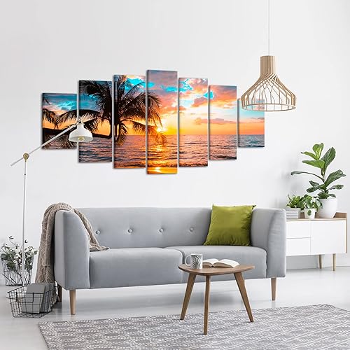 Miniatura 3 de NutArtPic 7 piezas de lienzo extra grande para pared de playa, palmeras tropicales, paisaje, amanecer, paisaje, pintura para decoración de pared del
