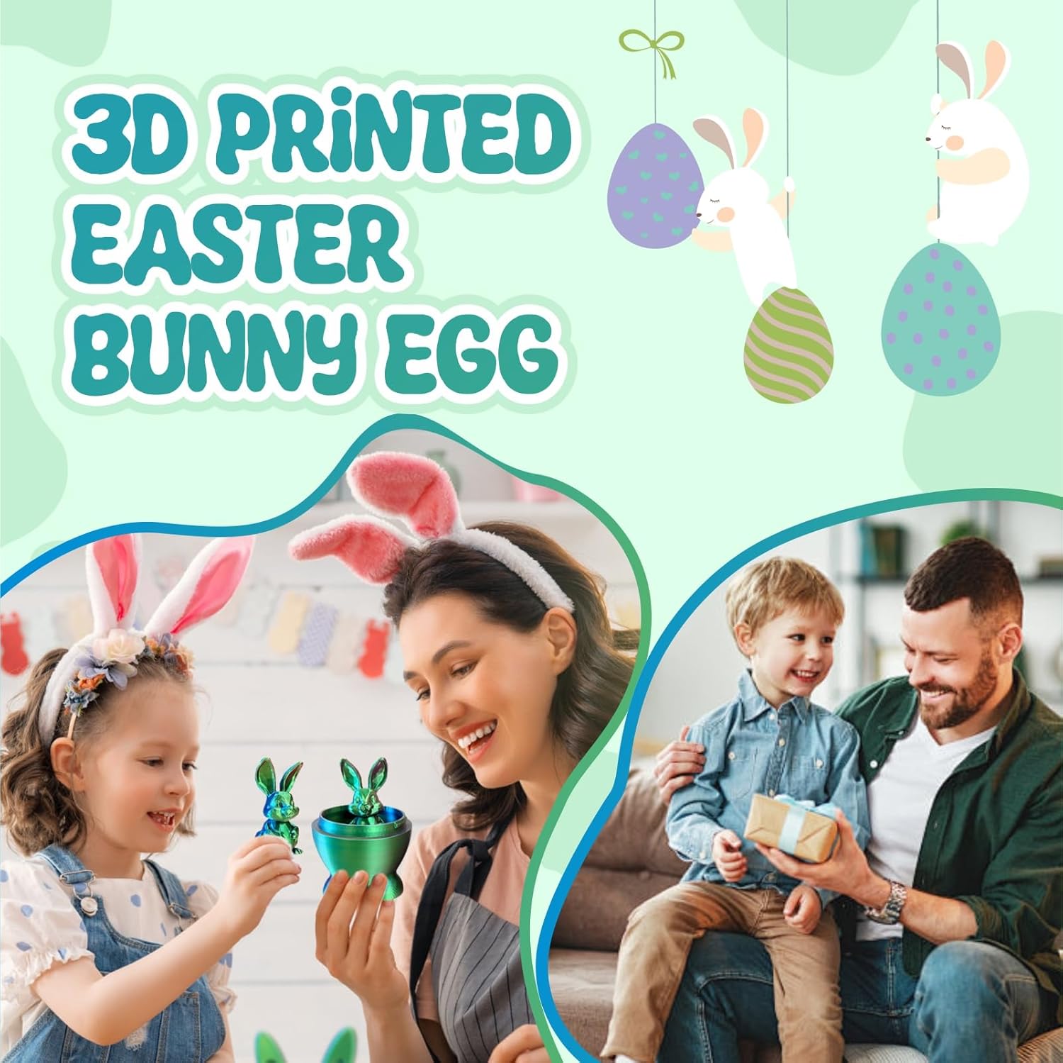 3D Printed Easter Eggs with Bunny Inside, 5.9in Bunny Egg Easter Basket Stuffers Gifts for Kid & Adults, 3D Printing Animals Toys for Home Executive Desk Decor (Red-Green-Blue)