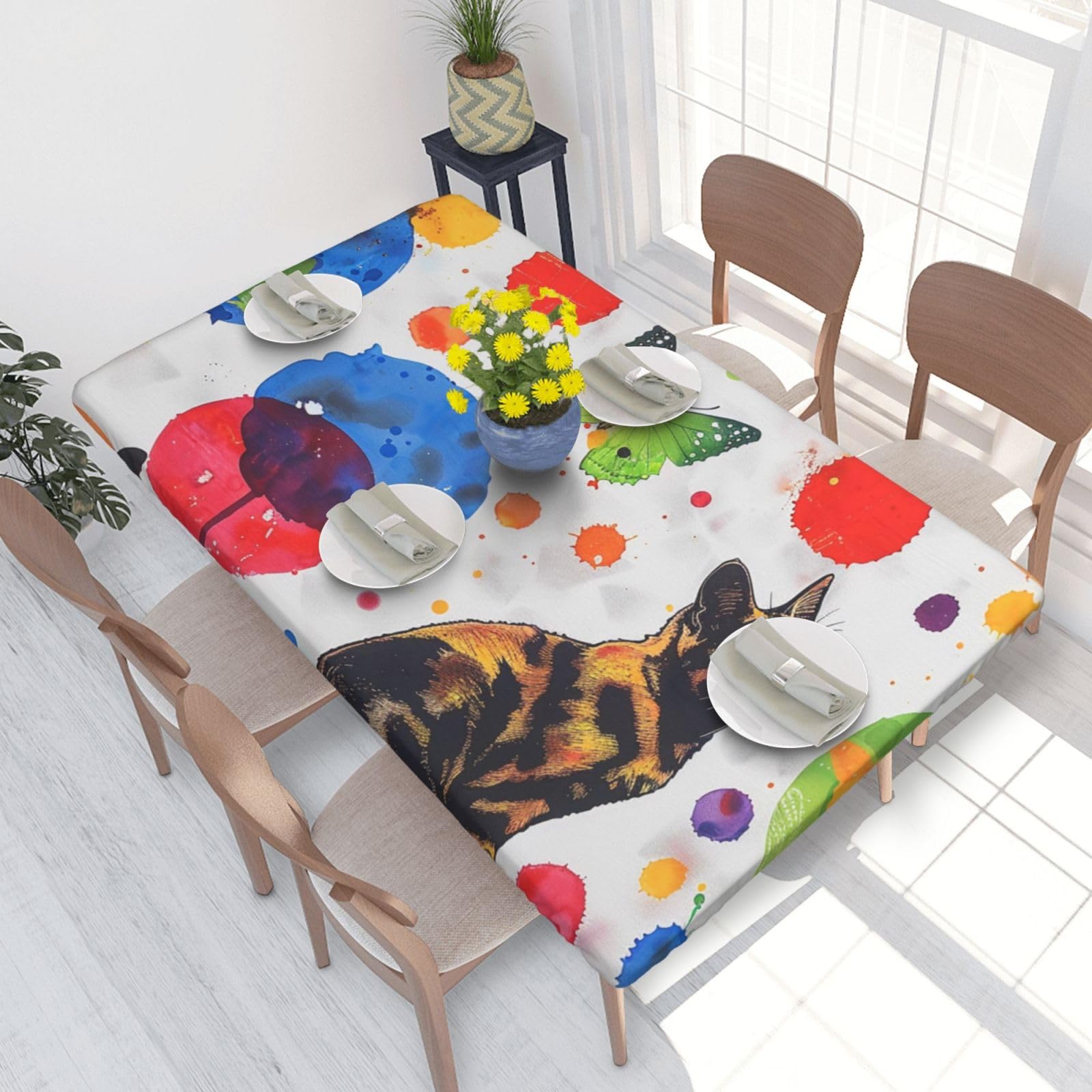 WPKJU Butterfly Polka dot and cat Printed Tablecloths 4ft Rectangular Table Covers Washable Polyester Decorative Table Cloth for Dining Table Picnic Wedding