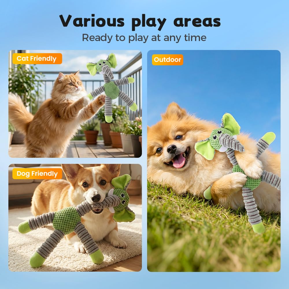 Indestructible Dog Toys for Aggressive Chewers, Durable Squeaky Plush Toys for Large Medium Small Dogs, Tough Chew Toys with Interactive Sounds for Puppy Anxiety Relief (Cartoon Green Elephant) - image 7