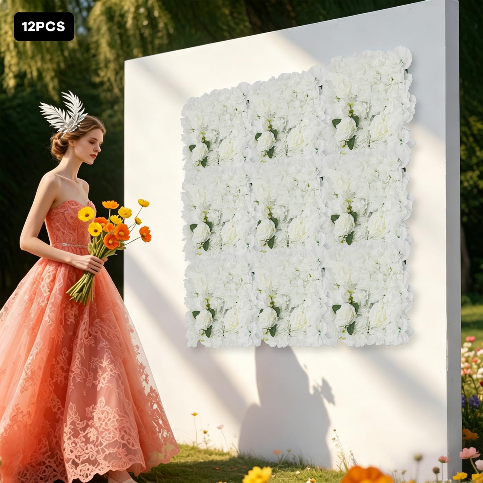 Sfondo da parete con fiori artificiali, 12 pezzi, in seta