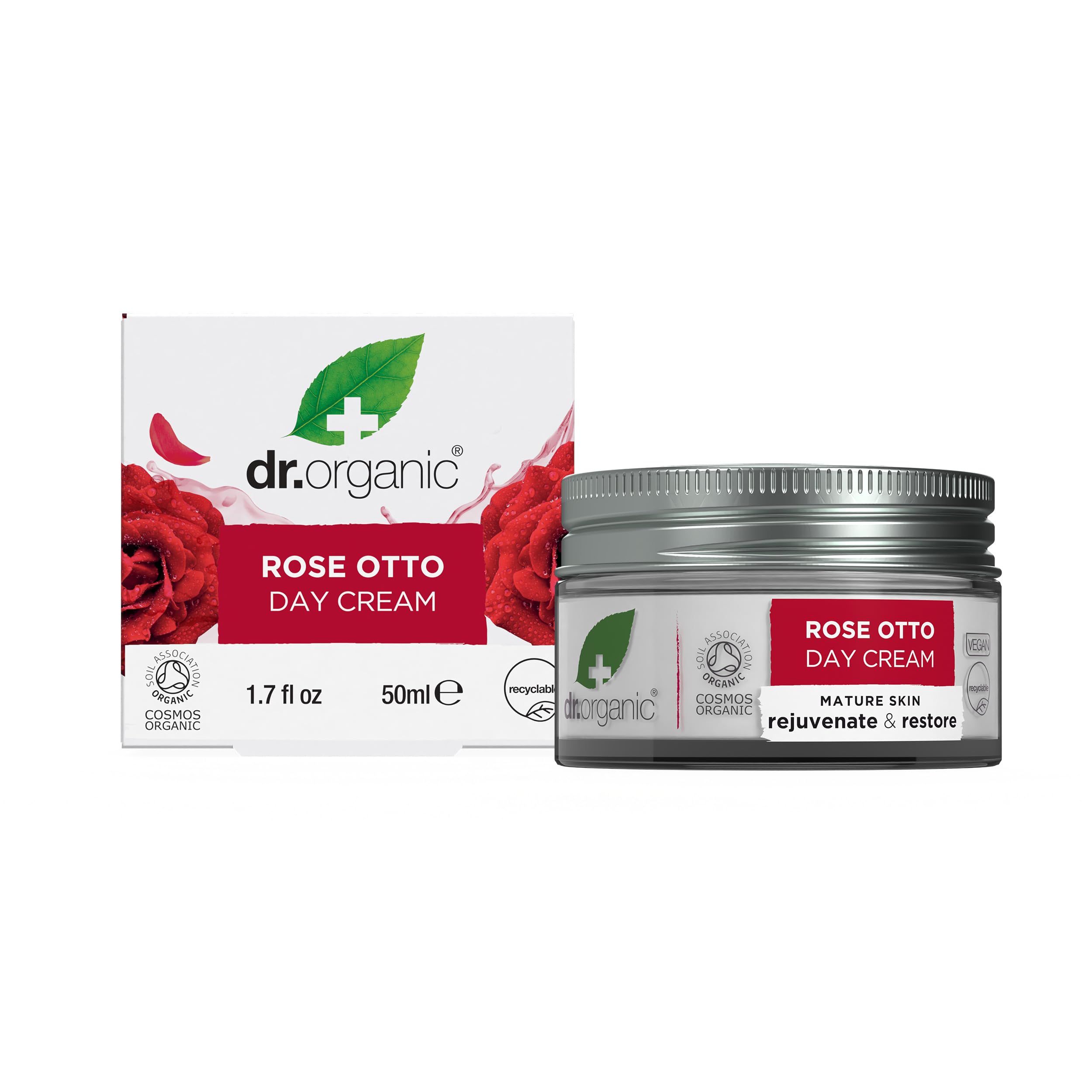 Dr Organic Rose Otto Day Cream, Moisturising, Wrinkles, Natural, Vegan, Cruelty-Free, Paraben & SLS-Free, Plastic Free, Recycled & Recyclable, Certified Organic, 50ml, Packaging may vary