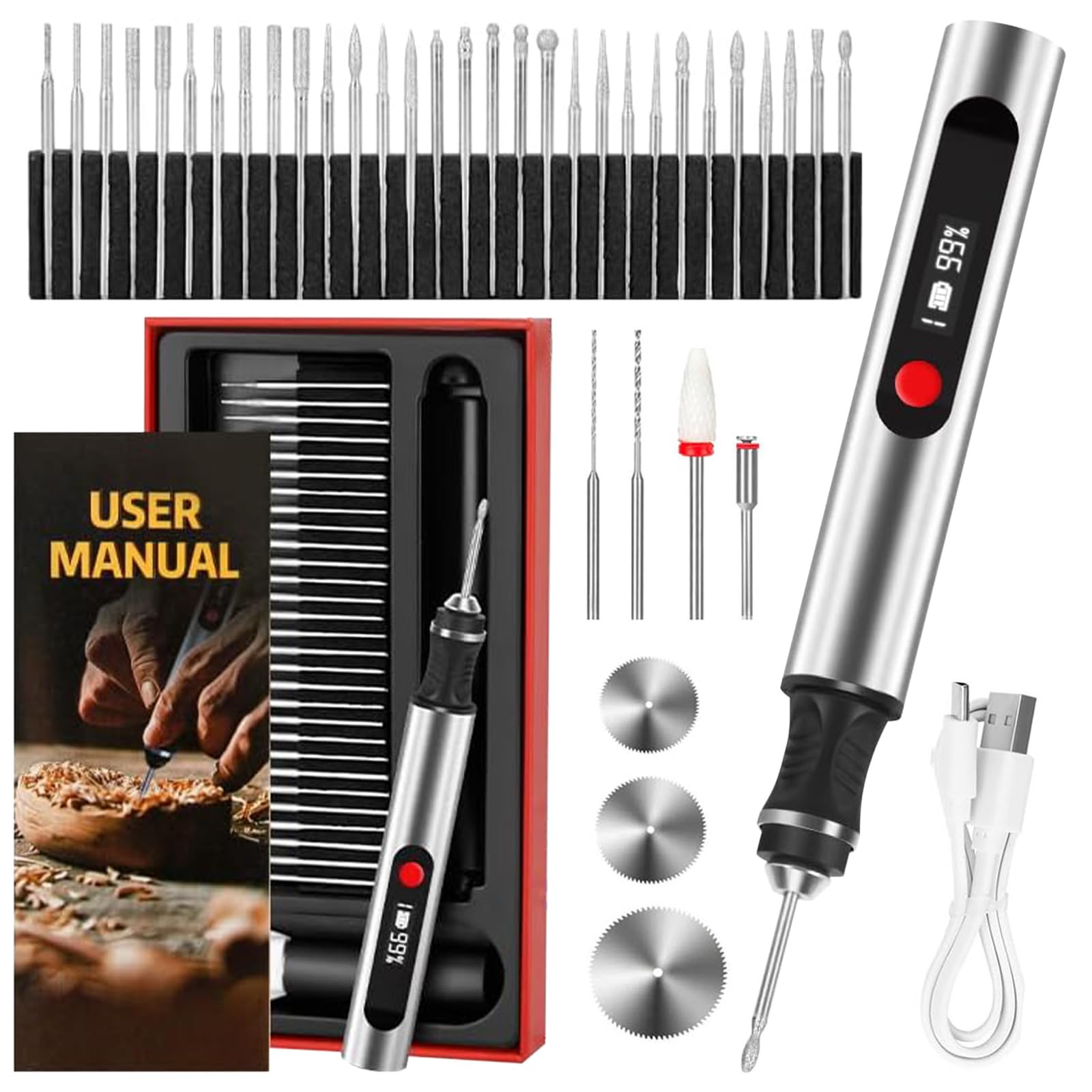Wireless Engraving Pen, Electric Engraving Tool Kit, Mini 3-Speed Pen with 30 Small Bits and 8 Grinding Accessories, USB Charging for Resin Keychain