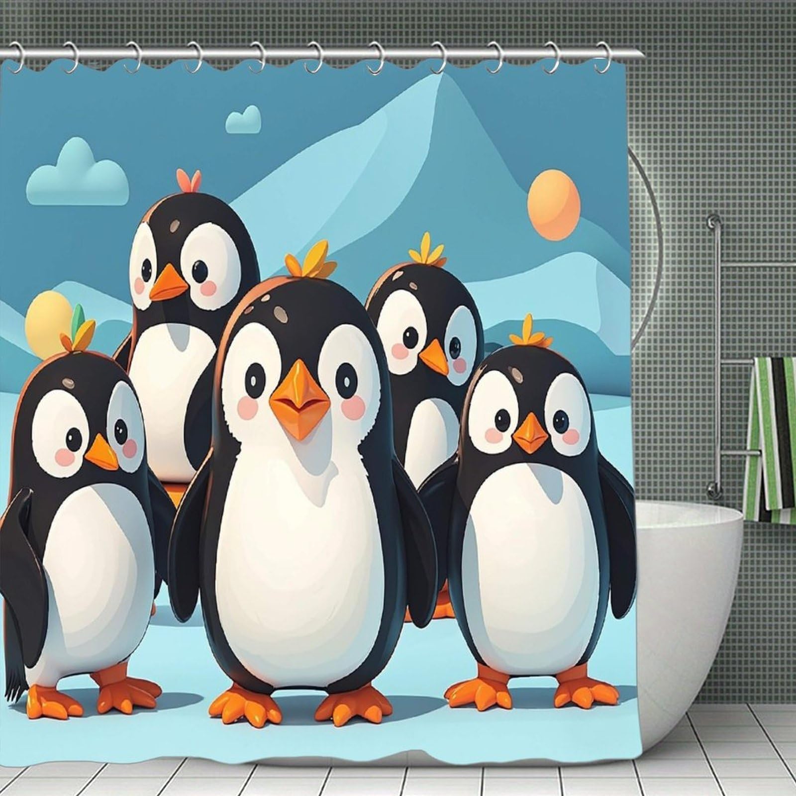 FekiLoot Cute Penguins Shower Curtain Minimalist Thick Bathroom Curtain Washable Modern Bathroom Shower Curtain Heavy Duty Waterproof Cloth Bath Curtain with Hooks 70.8"x70.8"