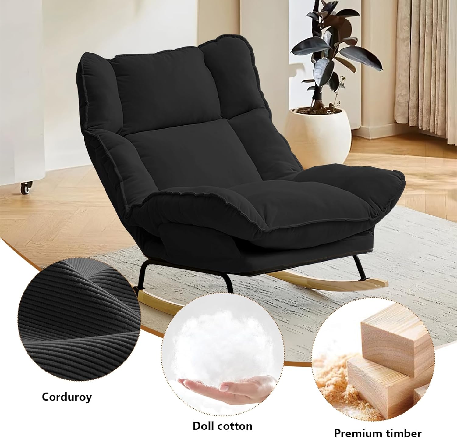 Rocking Chair with Adjustable High Backrest, Extra-Wide Upholstered Glider Rocker, Comfy Corduroy Accent Chair for Living Room Bedroom