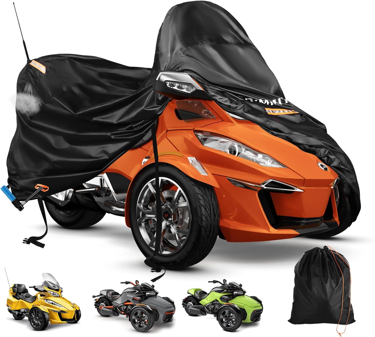 Heavy Duty 420D 3-Wheel Motorcycle Full Cover Waterproof, fits 3‑Wheel Motorcycle Models, Suit for Can‑am Ryker 600/900/Sport/Rally Edition,Upgraded Rain Snow Protection Cover with Waterproof Strips