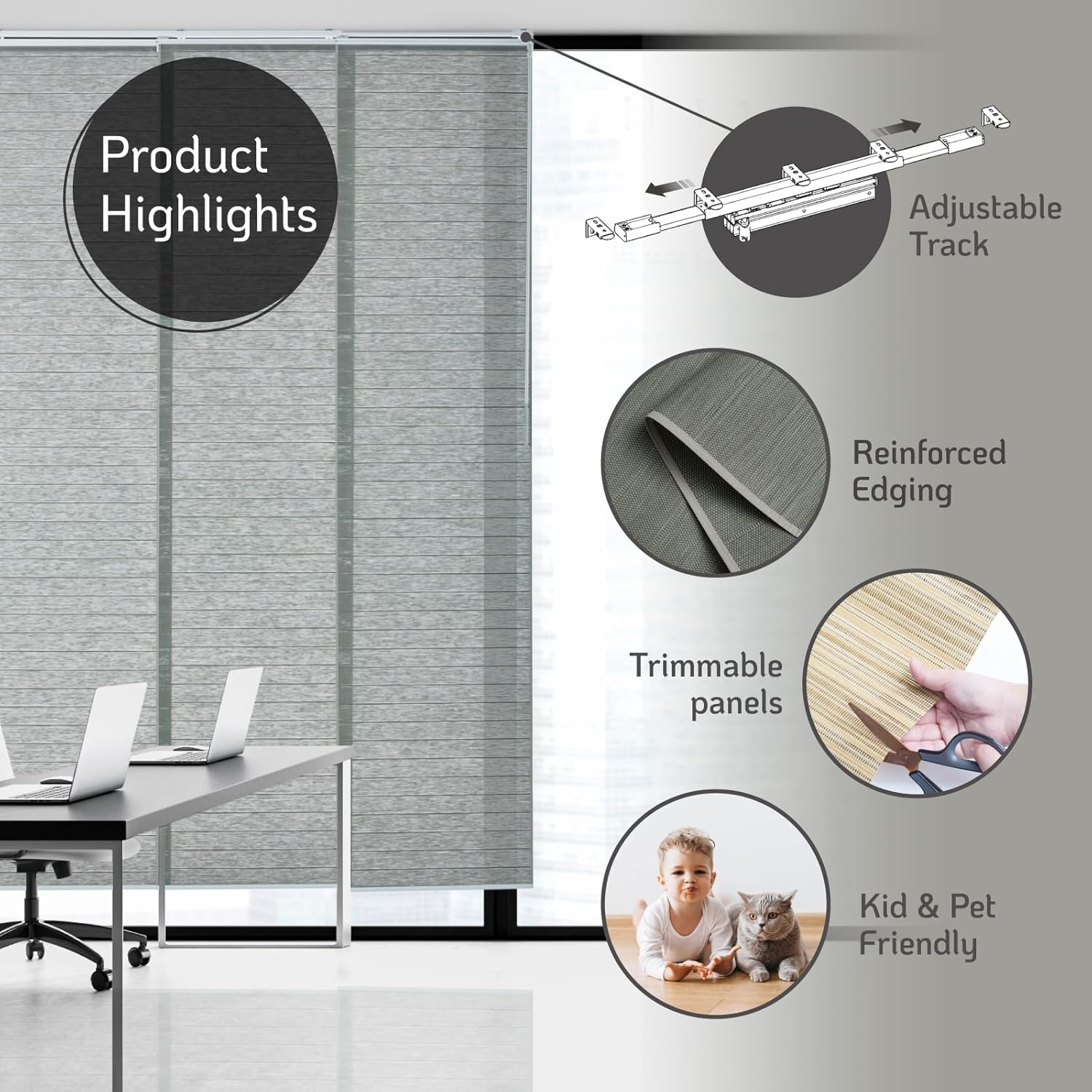 Sliding Panel Blinds for Sliding Glass Door & Room Divider. Natural Woven Light Filtering. Adjustable 46-85.5" W x 96" H.Trimmable,Reinforced Edge,Cordless,Sage Gray