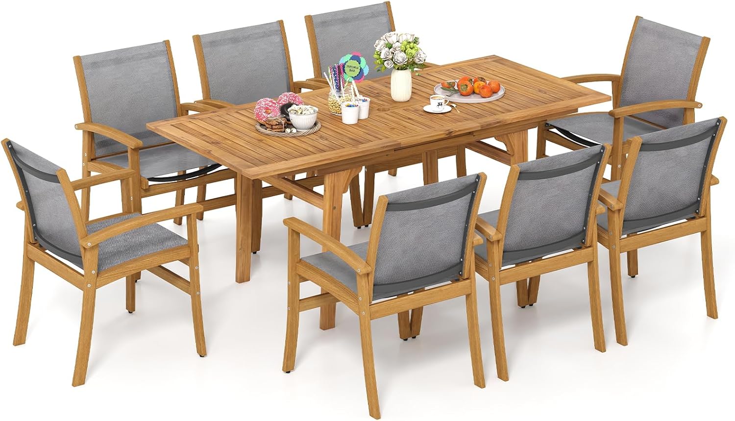 Tangkula 9 Pieces Acacia Wood Patio Dining Set for 6-8, Outdoor Expandable Table and Chairs Set with 1.97″ Umbrella Hole and Breathable Fabric for Garden, Lawn, Yard and Poolside