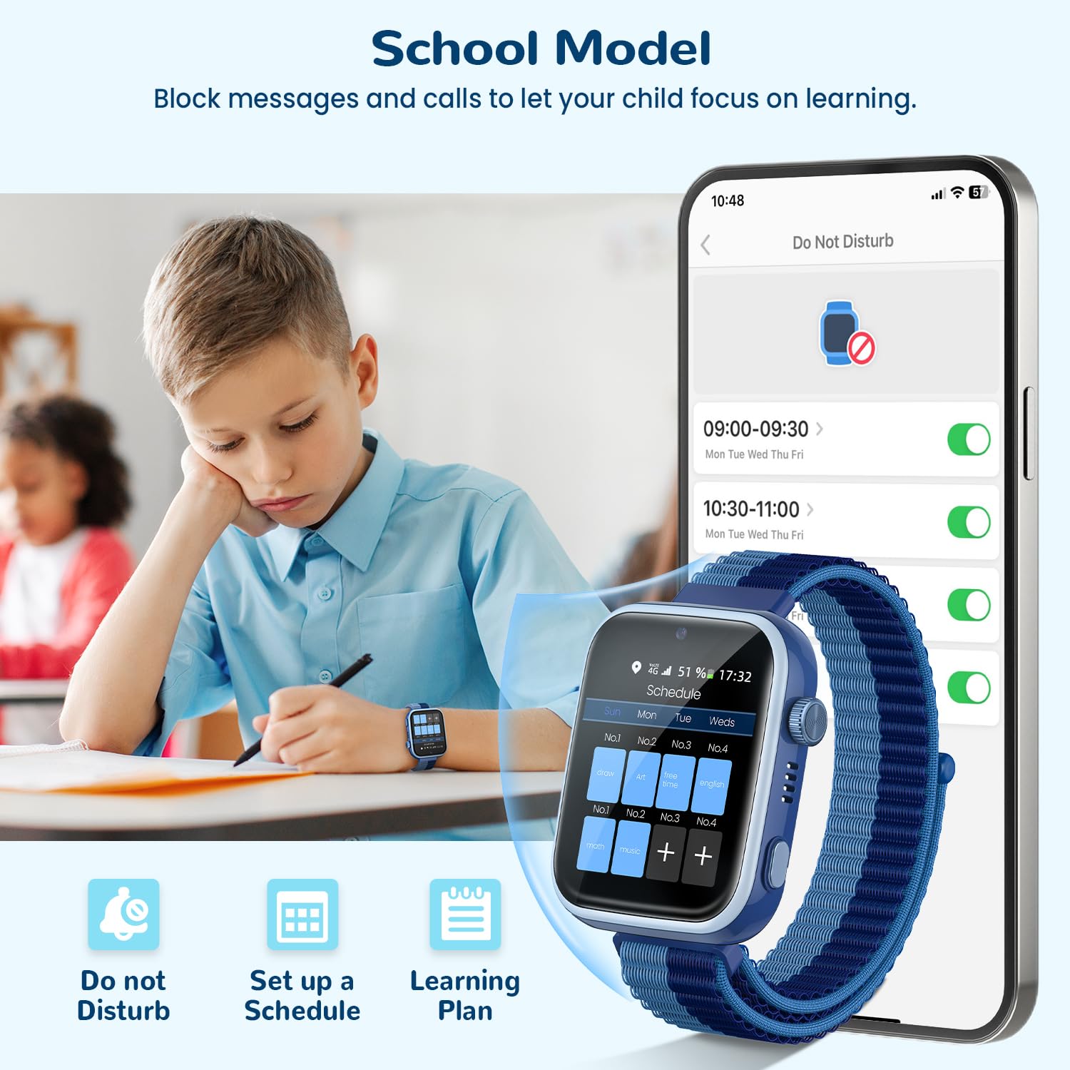 4G Reloj Inteligente Niño, Smartwatch Niños con GPS y Llamadas, Videollamadas, Chat de Voz, SMS, WhatsApp, SIM, SOS, Modo Escuela, WiFi, Localizador, Podómetro IP68 Reloj Niño y Niñas Azul Regalo — view 5