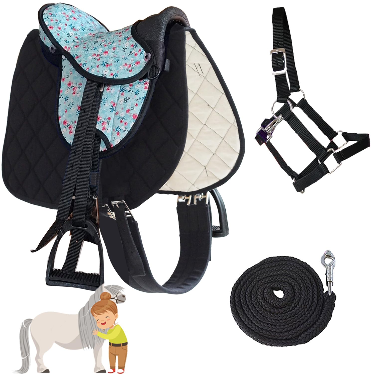 My Sweet Pony Kinder Shettysattel-Set Dream Flower Halfter Führstrick Sattel für Pony Shetty Holzpferd