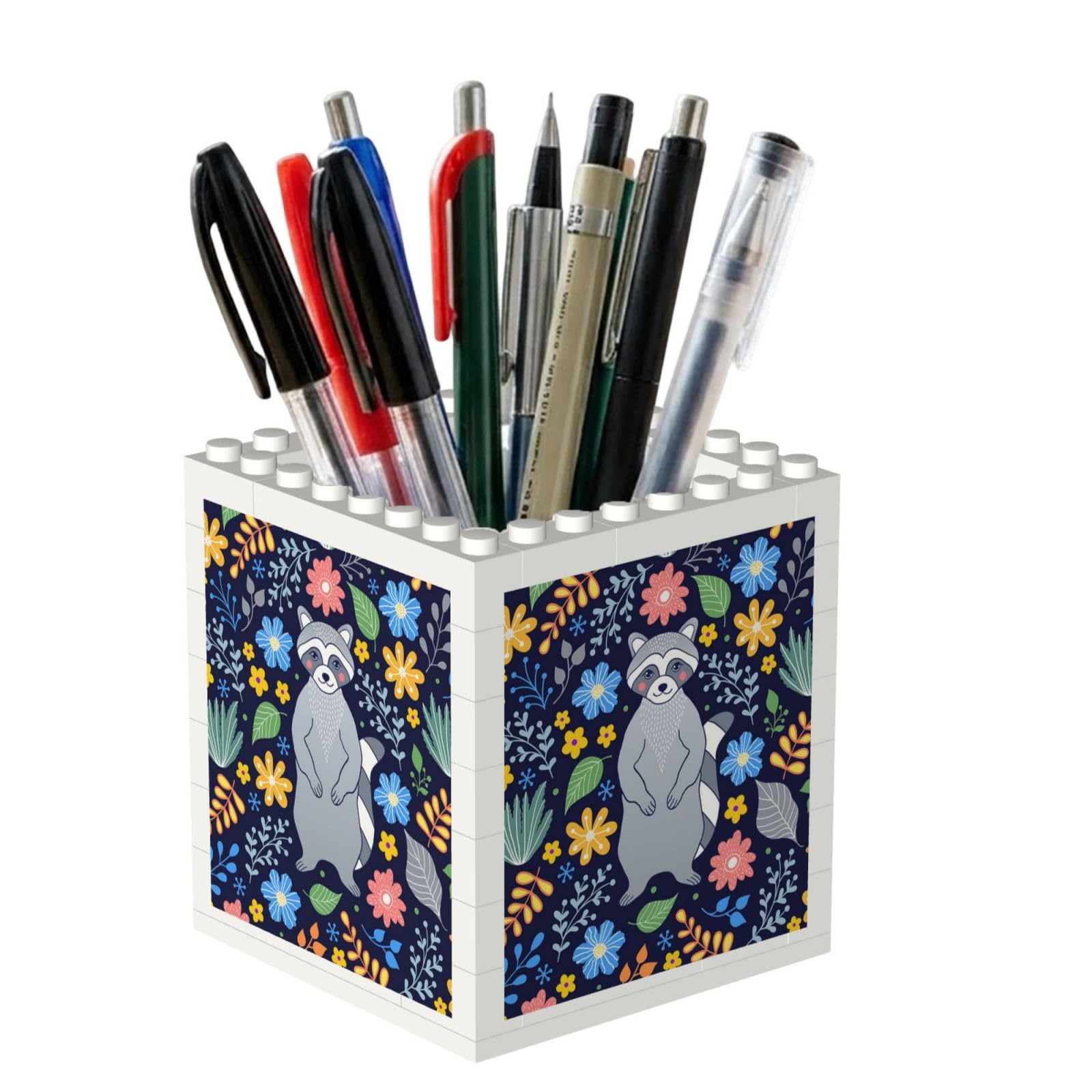 Poadnly Raccoon And Tropical Flowers, Pen Pot Pencil Holder for Office Home School, Compact Desk Organiser for Office Stationery