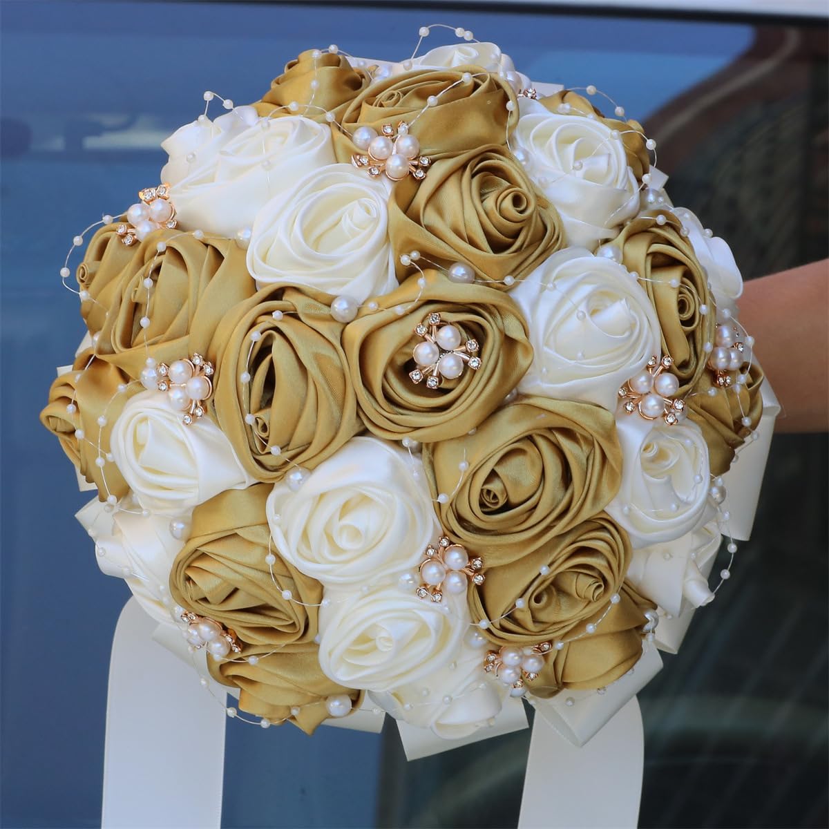 Handmade Rhinestone Brooch Satin Bridal Bouquet,7.5inch Crystal Wedding Round Tossing Bouquet,Artificial Flower Bunch with Diamond Pearl Ribbon Gold+Ivory