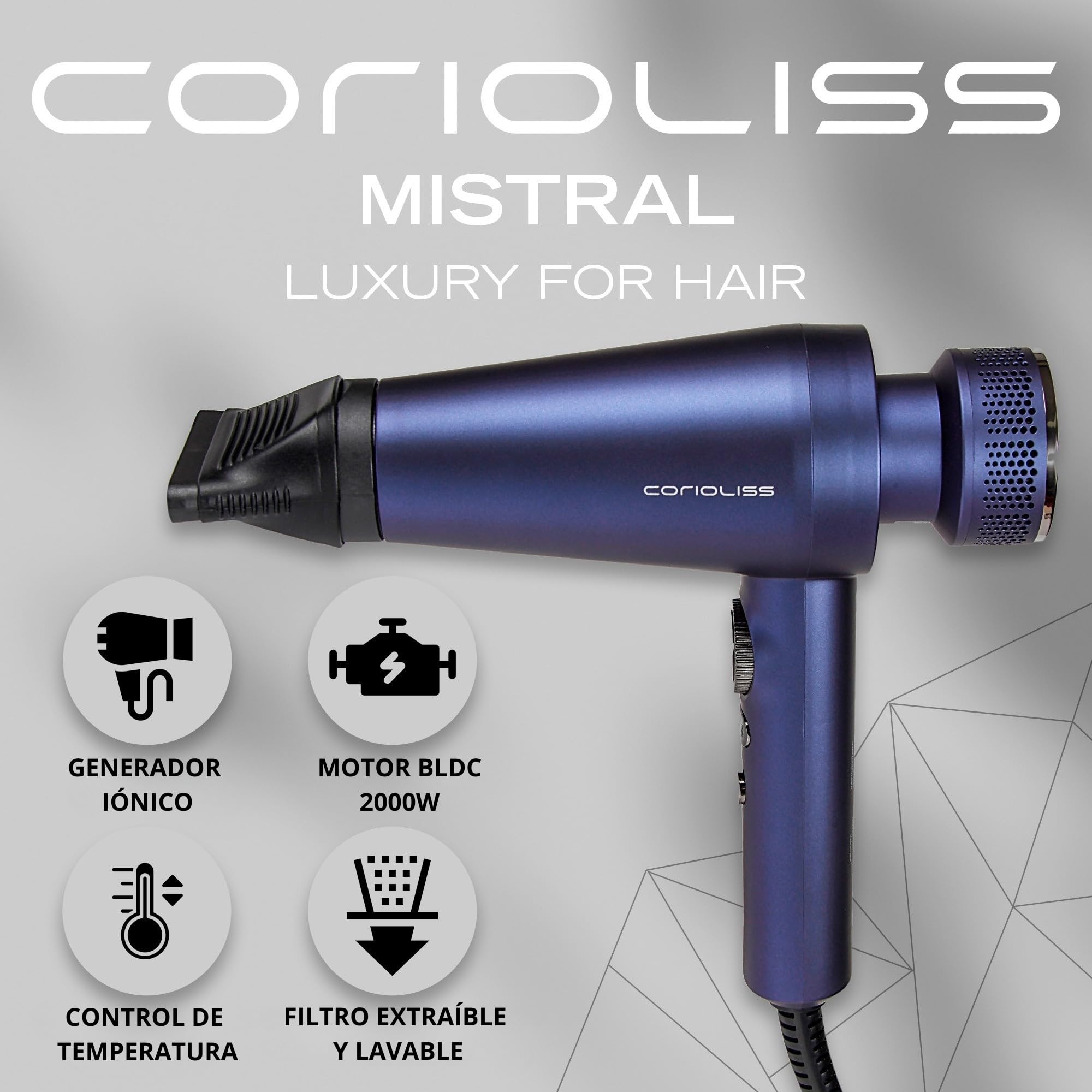 Corioliss Mistral Secador de Pelo Profesional 2000W, Potente, Ligero y Silencioso, Motor BLDC Iónico Antiencrespamiento con Difusor y 2 Boquillas