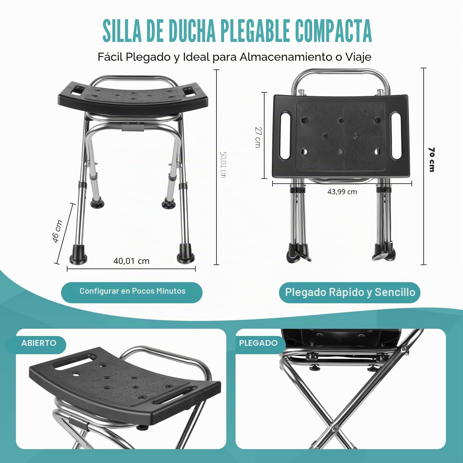 Asiento de Silla de Ducha Plegable, Asiento de Silla de Ducha Plegable de Altura Ajustable, Silla de Ducha de Acero Inoxidable Apta para Interior de Ducha, Taburete de Ducha Portátil de Viaje de 181