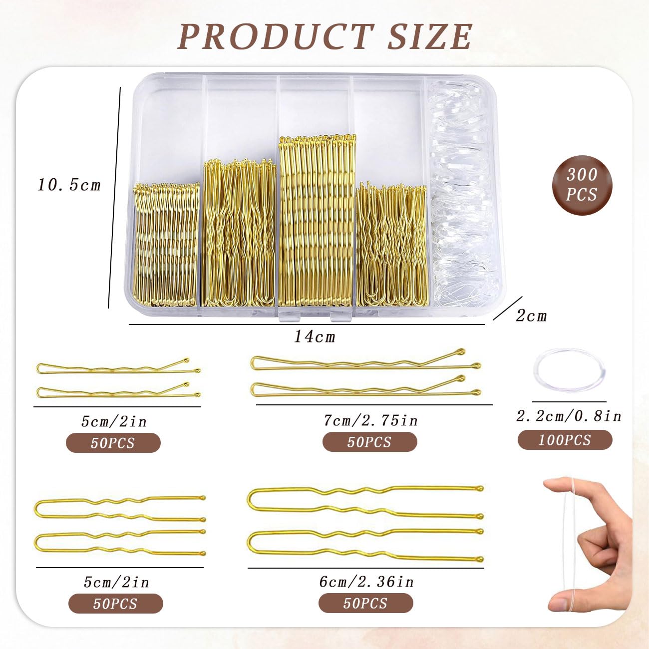 300 piezas de horquillas para mujer, horquillas metálicas, 5 cm, 6 cm, 7 cm, pinzas para moños, accesorios invisibles cabello, tiras transparentes cabello, con caja de almacenamiento, doradas — view 2