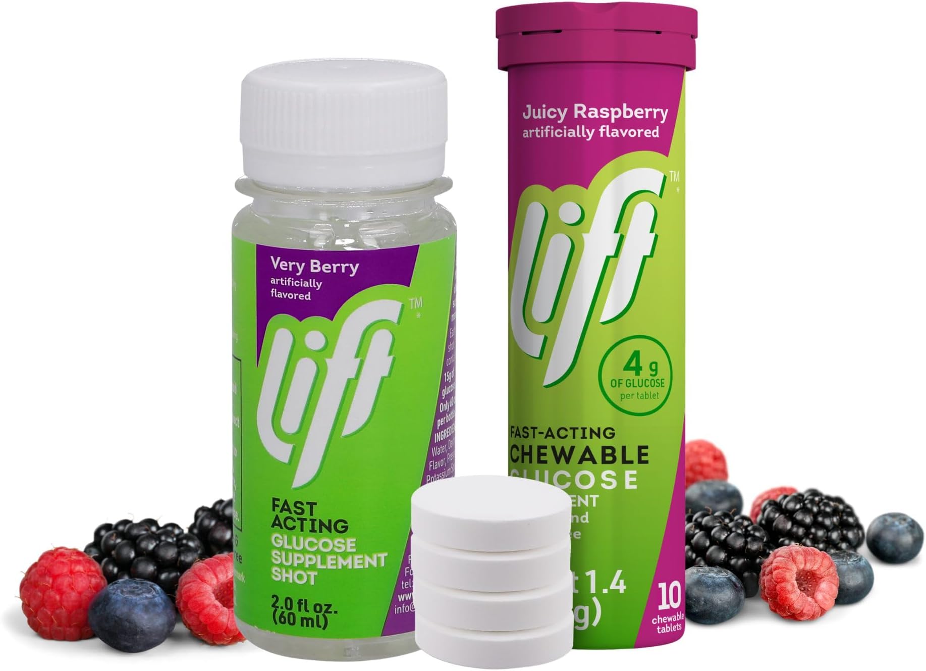 Lift Glucose Fast-Acting Glucose Support Bundle – Very Berry Juice Shots (2.0 fl oz, 12-Pack) + Raspberry Chewable Tablets (10 ct Tubes, 12-Pack), Caffeine-Free