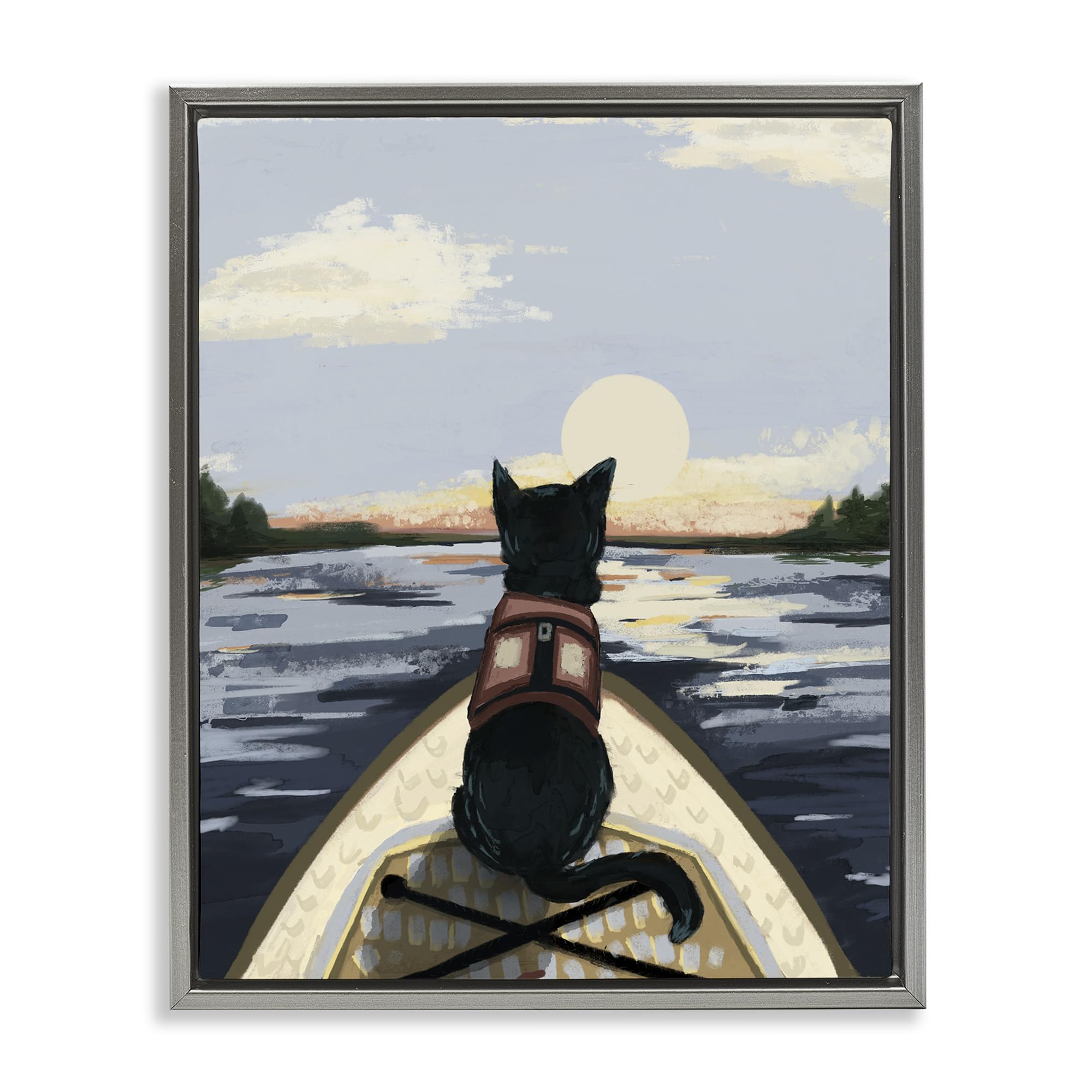 Stupell Industries Luster Gray (Matte) 'Peaceful Cat Viewing Lake'| Floating Frame Canvas Art
