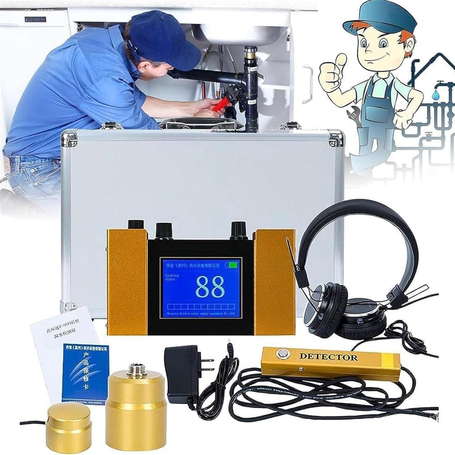 Detector Fugas De Agua De Tubería para Uso En El Hogar Y Al Aire Libre,Sensor De Geófono De Fuga De Agua con 4 Engranajes Ajustables,Sensor De Detección De Fugas,para 1 a 1,5M