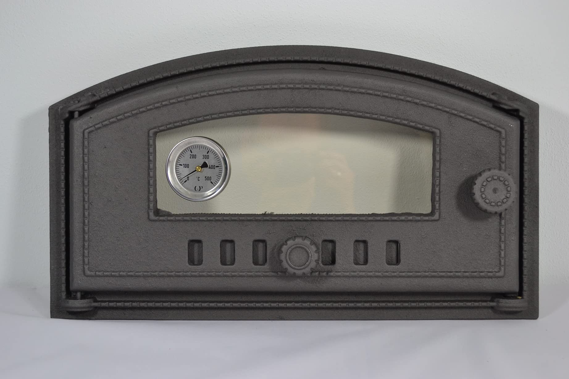 SEZAM Puerta de horno de hierro fundido con termómetro 500°C, cristal resistente al calor, apertura a la izquierda, puerta para pizza, horno de pan, 48,5 x 6,5 x 27,5 cm, semicircular, pintura grafita