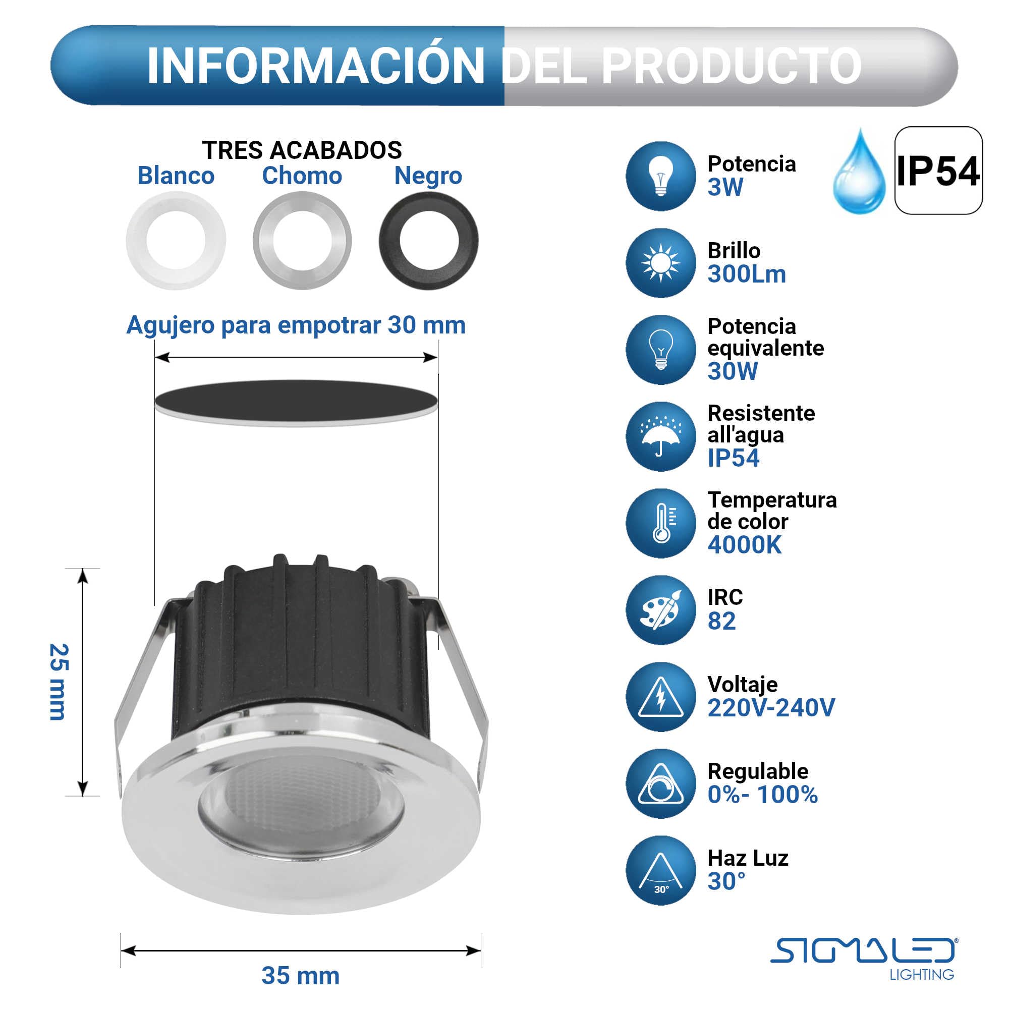 Sigmaled lighting, MINI FOCO LED 3W para Exterior, Regulable, Resistente a salpicaduras, 300lm, Blanco Natural 4000K, Spot empotrable IP54, 220V / 230V AC NO NECESITA Driver, 10 focos (5 cajas de 2)