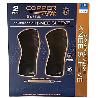 Copper Fit Elite Knee Compression Sleeve Knee Brace 2-Pack, Black (Large/X-Large, 16''-20''),2.0 Count - image, photos