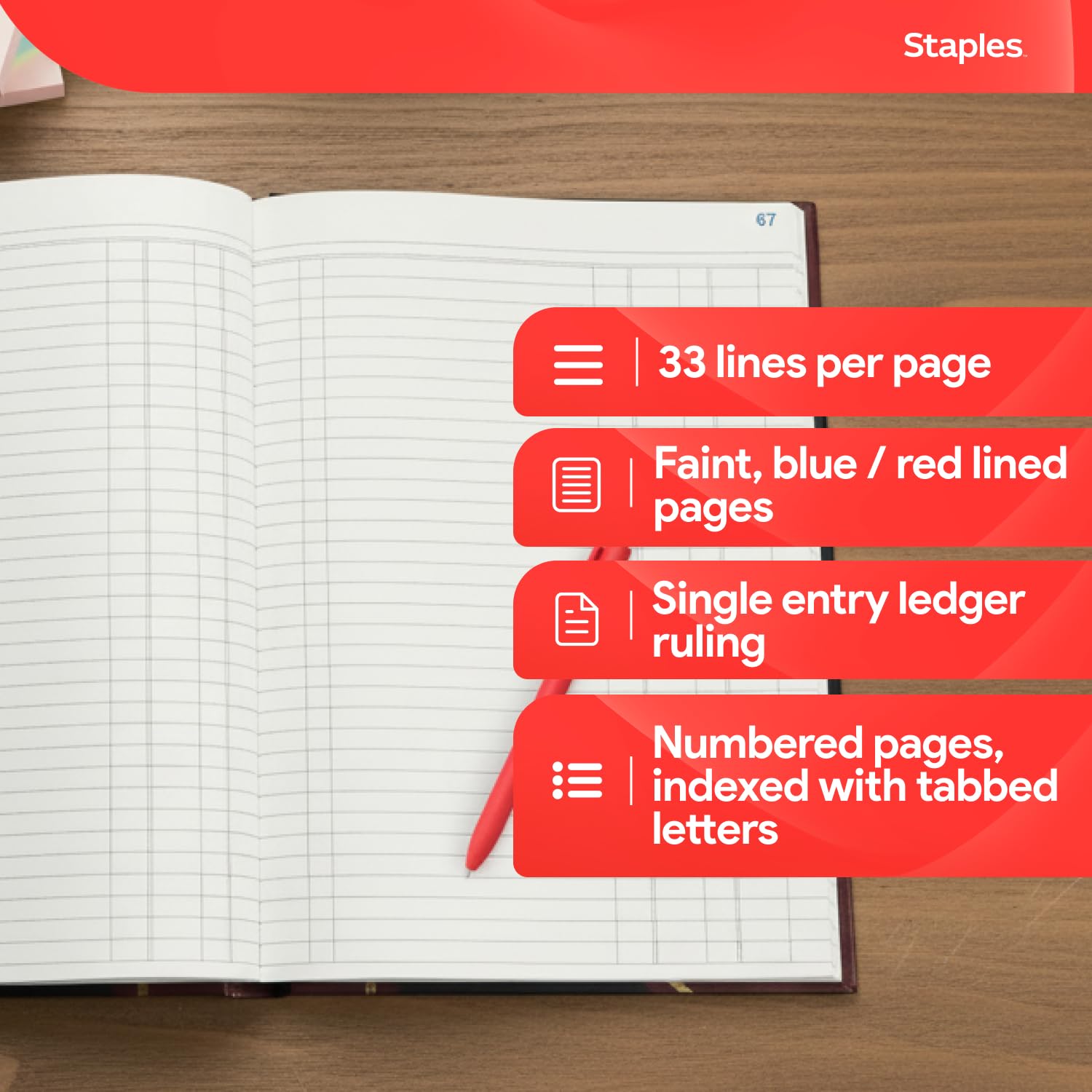 STAPLES Black Ledger Book, Hardbound Accounting Record Book with