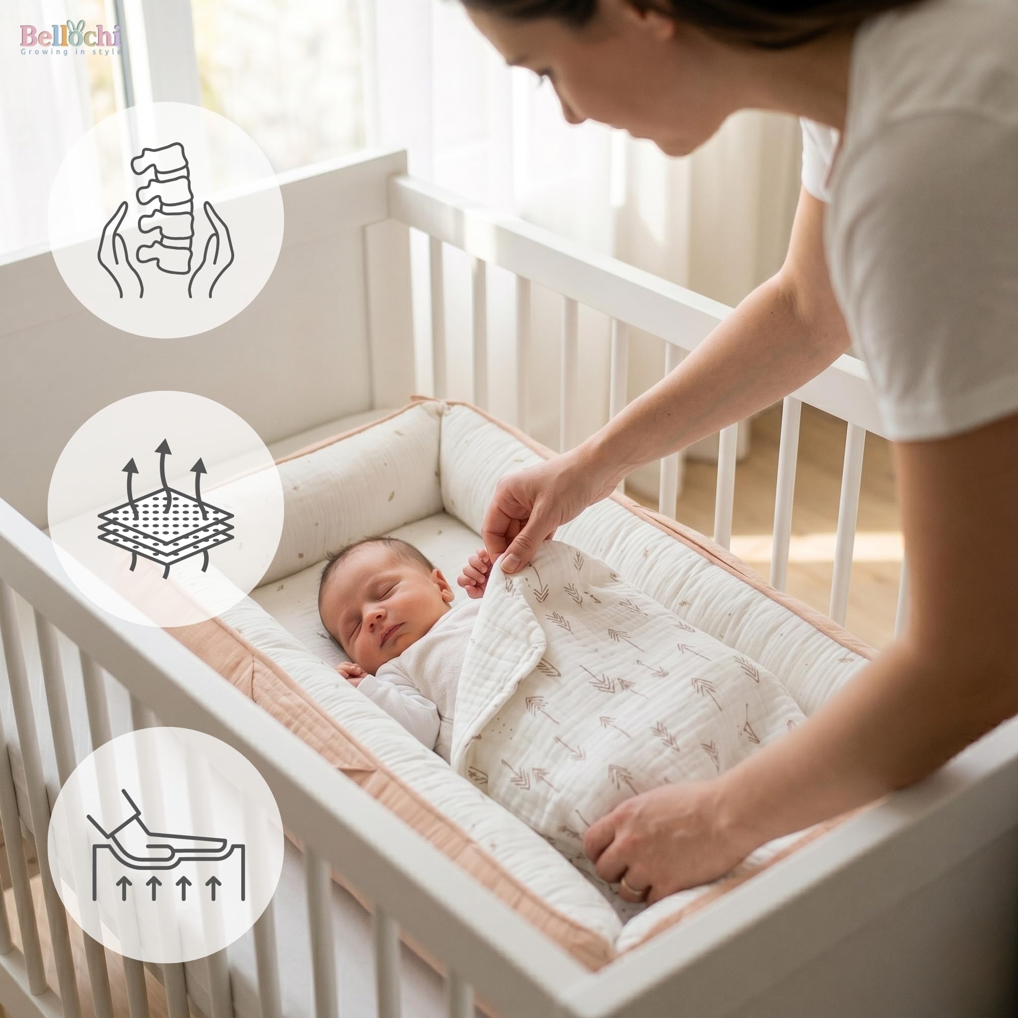 Bellochi Hush Baby Nest Cocoon leżak dla noworodka z cichymi magnetycznymi zapięciami dla spokojnego wypoczynku, hipoalergiczna bawełna premium, wielofunkcyjna mata na brzuch i przenośna kapsuła