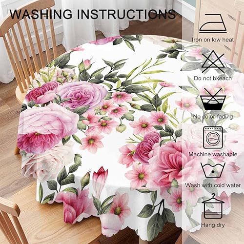 Miniatura 4 de Yibeas Mantel redondo de rosas de 60 pulgadas, diseño de flores de peonía rosa, ramo de hojas de brote, manteles elegantes para mesas redondas,