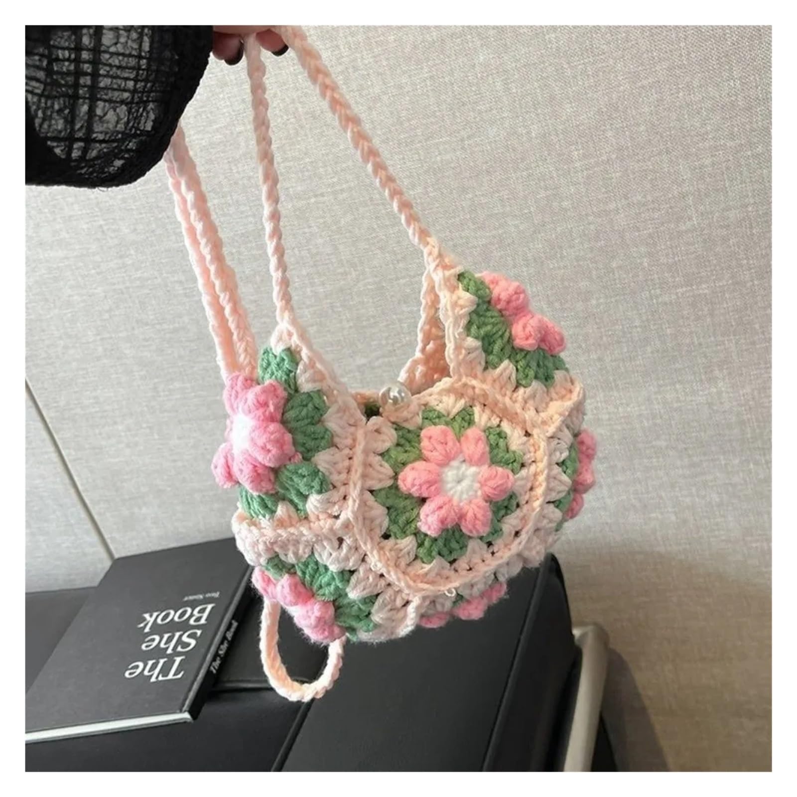 Bolso De Ganchillo Bolso bandolera de ganchillo hecho a mano, bonito, con estampado de flores, de hilo de tela, for hombro, de punto, for la axila.