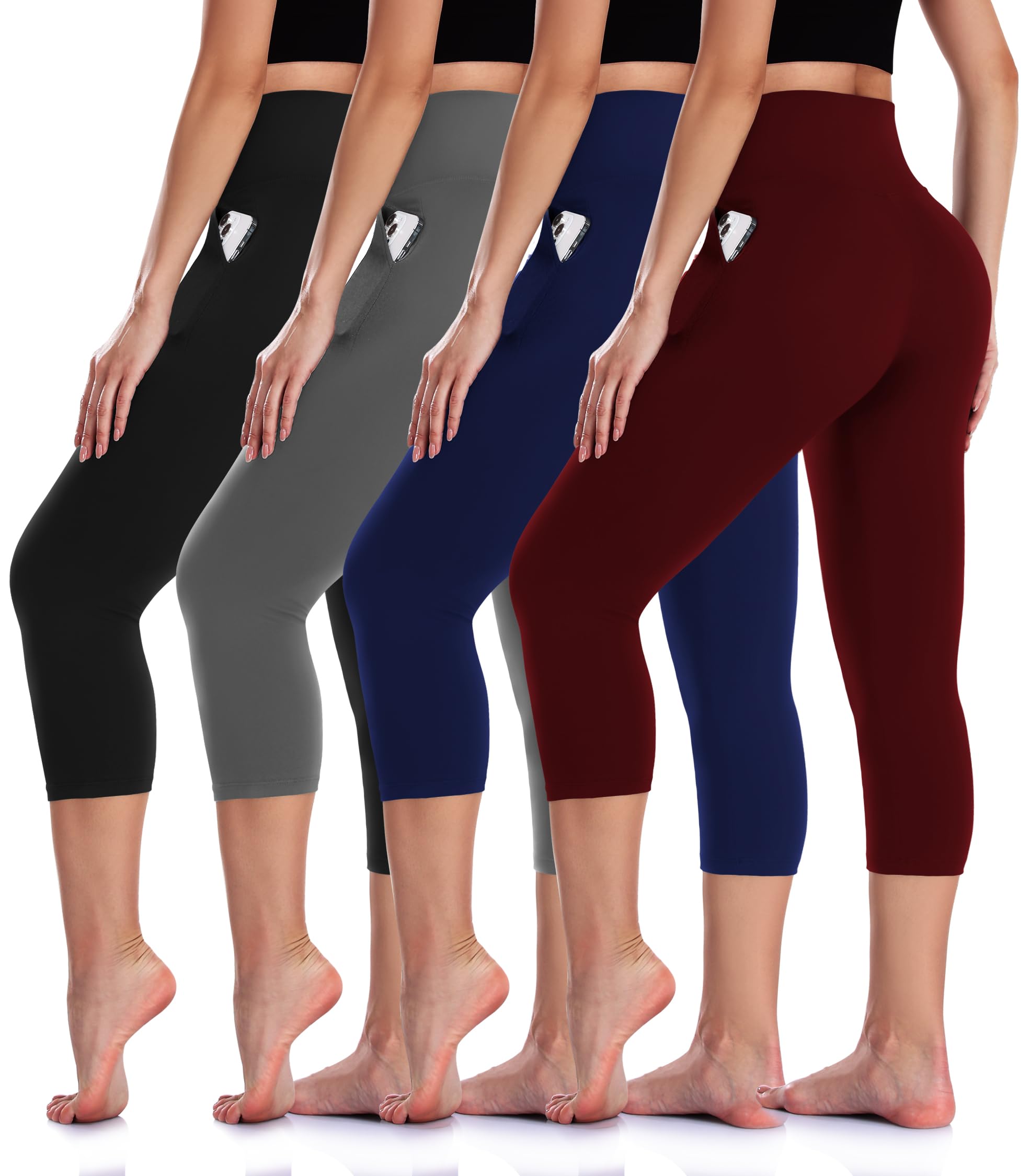 4 Pack Leggings for Women Full Length Capri w/Pockets High Waisted Tummy Control Soft No See-Thru Yoga Pants Workout