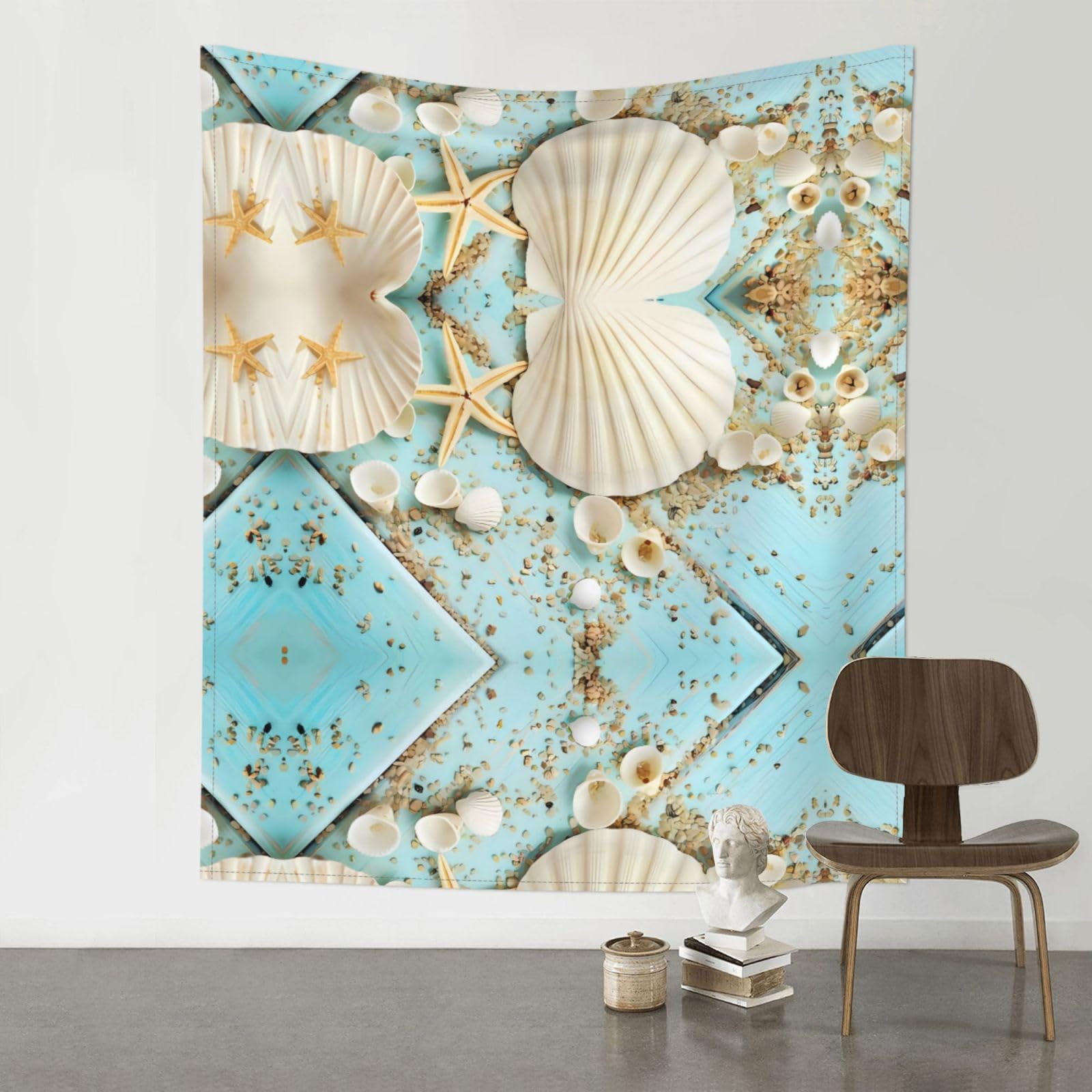 HJFCZH Ocean Sea Beach Seashells Starfish Blue Prints Wall Tapestry 60x51in – Artistic Home Decor Throw Blanket for Bedroom, Dorm, Beach & Picnic