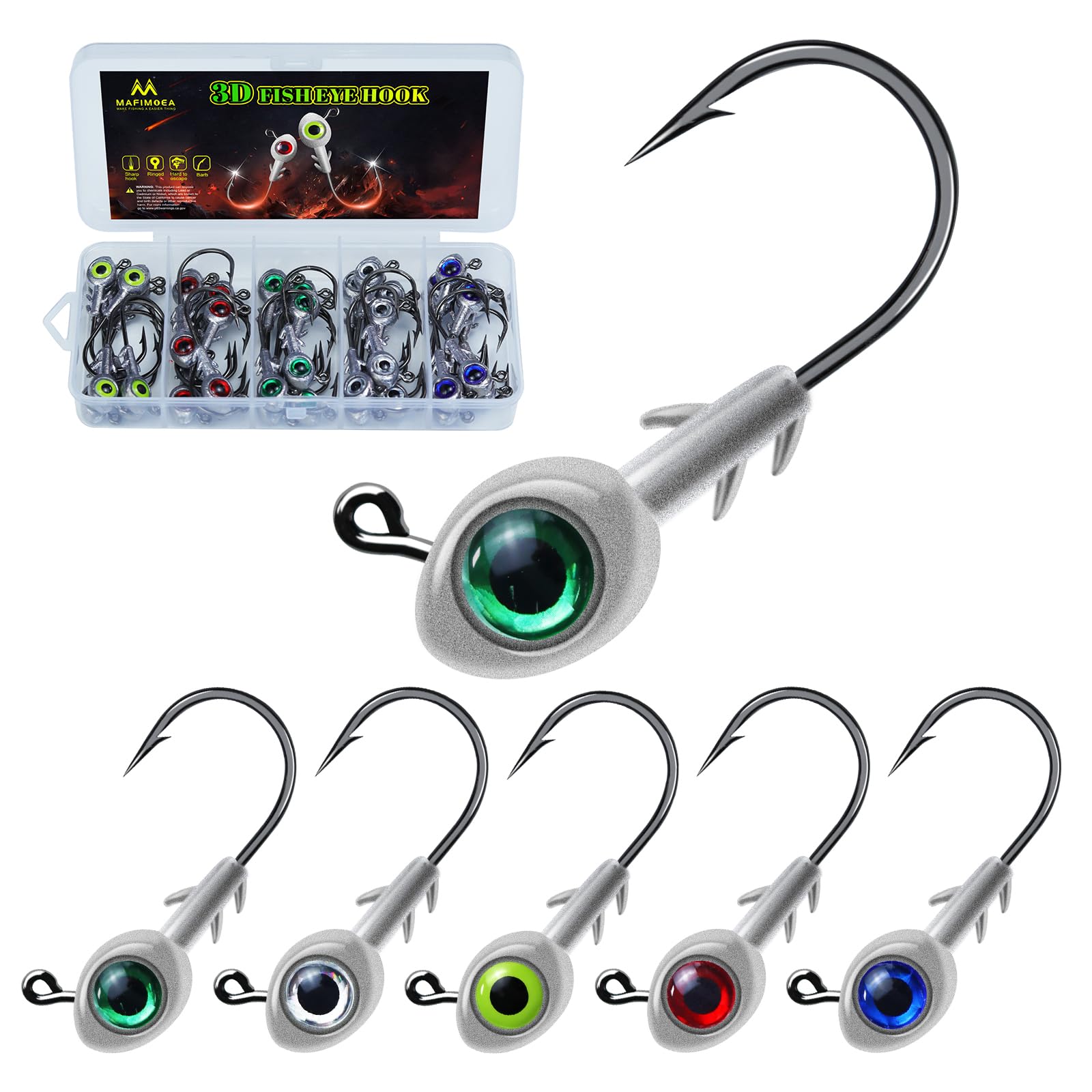 3D Fish Eye Jig Heads, 5 Colors with Lifelike Eyes, Multi Weights, Barbed Fishing Hooks for Walleye Bass Crappie