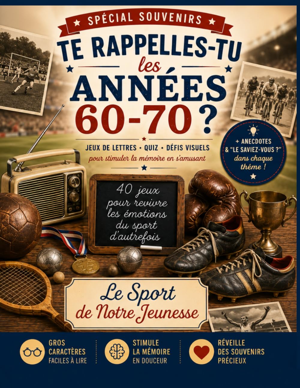 Te rappelles-tu les années 60-70 ? Le Sport de Notre Jeunesse: Mots mélangés, mots croisés, jeux de lettres en grands caractères, quiz et anagrammes pour stimuler la mémoire