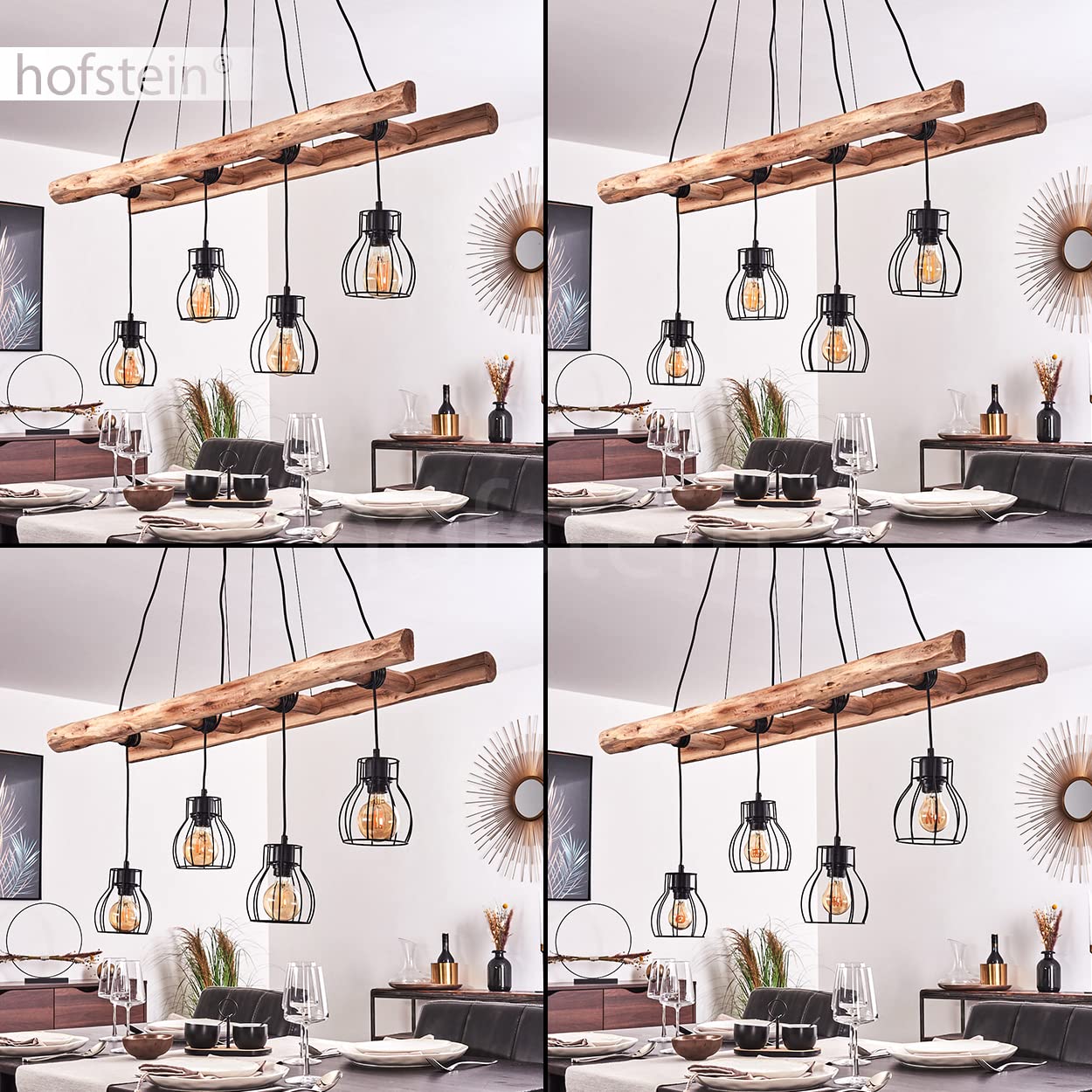 Lampada a sospensione Gondo, lampada allungata in metallo/legno in nero/legno, lampada a soffitto a 4 luci, paralumi a reticolo, regolabile individualmente, altezza massima 193cm, E27, senza lampadine