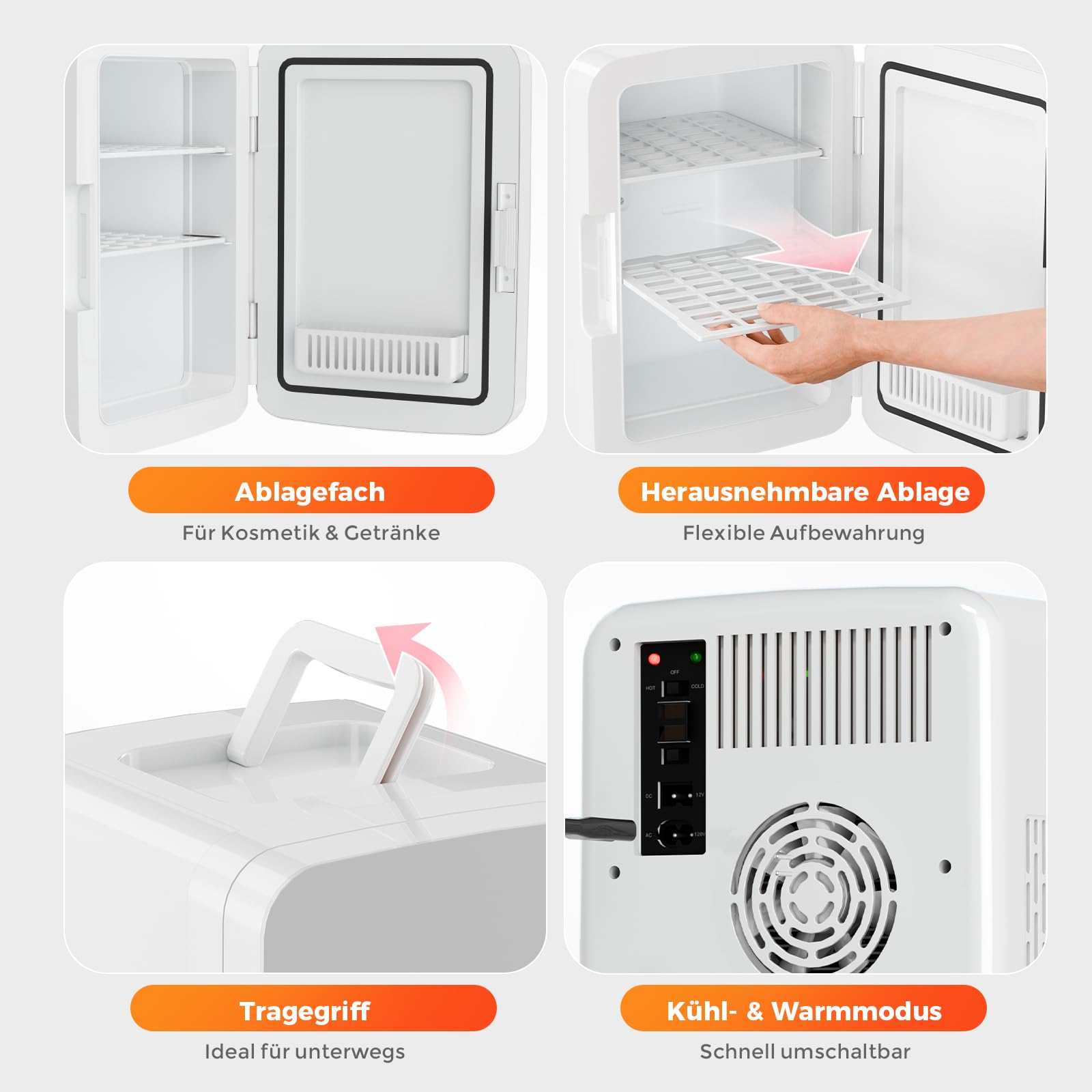 YASHE Mini-Kühlschrank 10L, kleiner Kühlschrank für 12 Dosen, AC/DC Thermoelektrischer Kühler und Wärmer, leiser Mini Kühlschrank für Hautpflege, Getränke, Schlafzimmer, Büro, Auto, Weiß