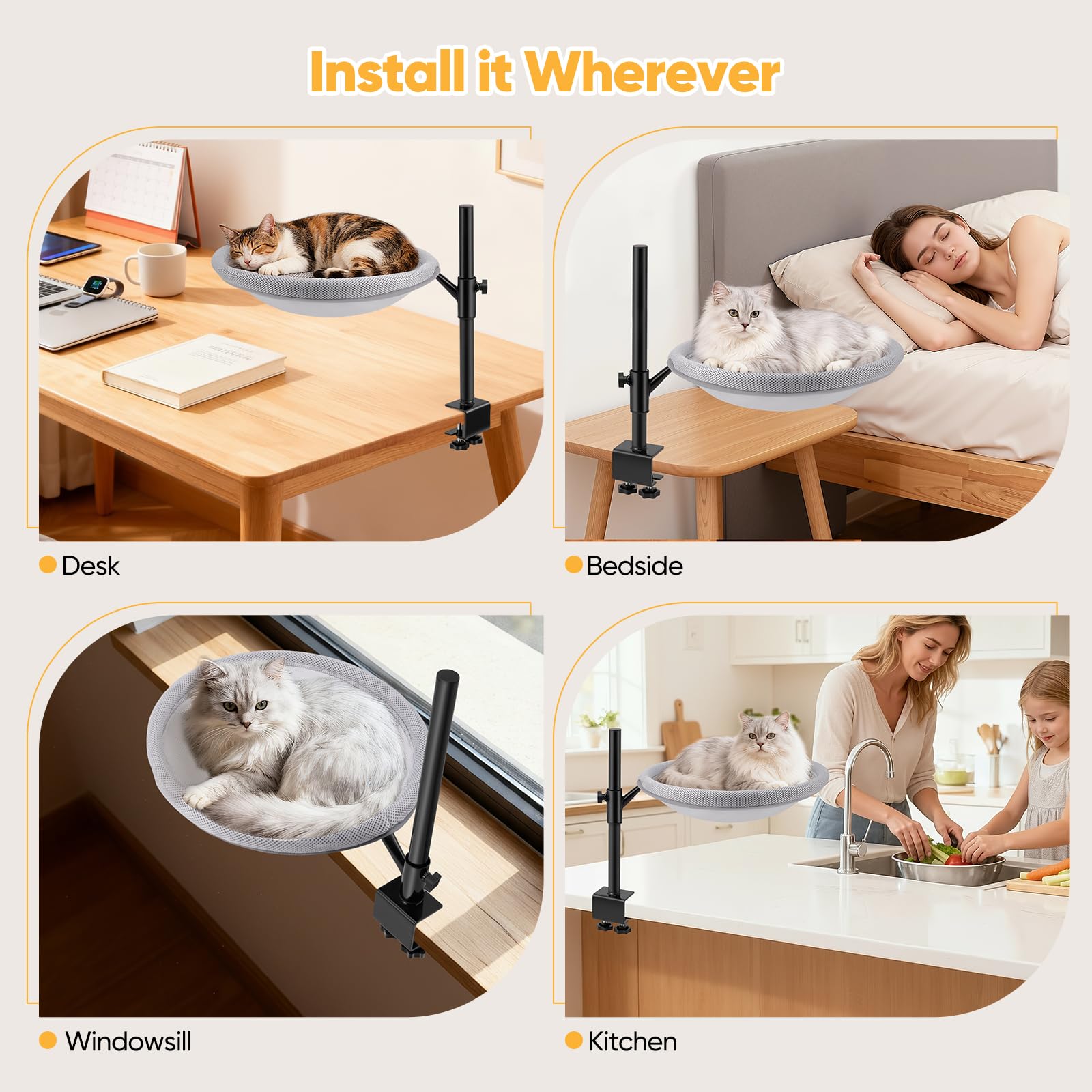 Lit de Bureau pour Chat, Panier Chat Bureau avec Rotation à 360° Hauteur Réglable, Tissu en Maille, Housse Lavable, Desk Bed for Cats pour Bureau à Domicile, Jusqu'à 19 kg (42 lbs)