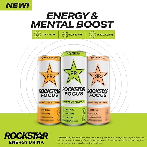 Miniatura 4 de Rockstar Focus Energy Drink, melocotón blanco, melena de león, cero azúcar, cero calorías, latas de 12 onzas, (paquete de 12), 200 mg de cafeína,