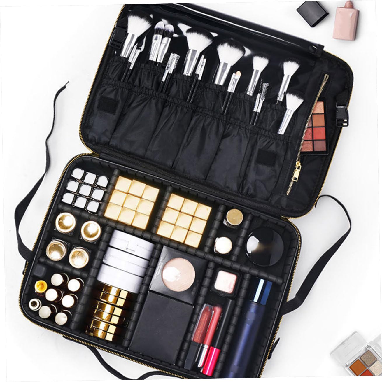 Healeved Astuccio da Viaggio per Trucco Oxford Nero Manico, Design a Griglie, Custodia Cosmetica Portatile Facile da Trasportare e Protettiva per Organizzare i Prodotti Make Up